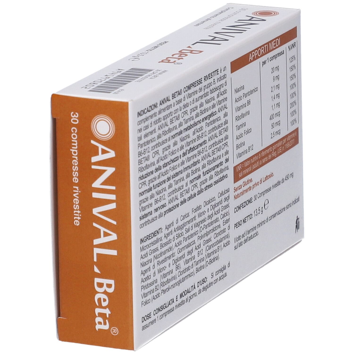 Scatola "ANIVAL Beta" in prospettiva. Testo e logo. Informazioni nutrizionali. 30 compresse.