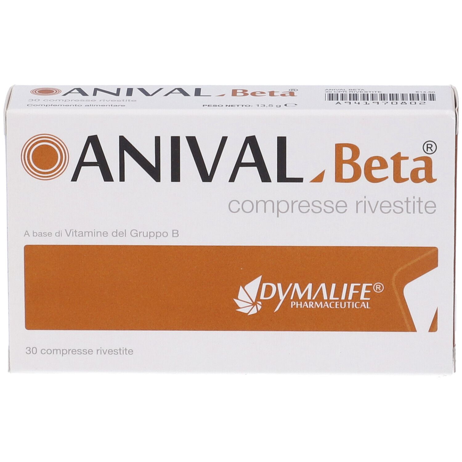 Scatola bianca "ANIVAL Beta". Logo e testo. 30 compresse. Area arancione con logo. "Dymalife Pharmaceutical".