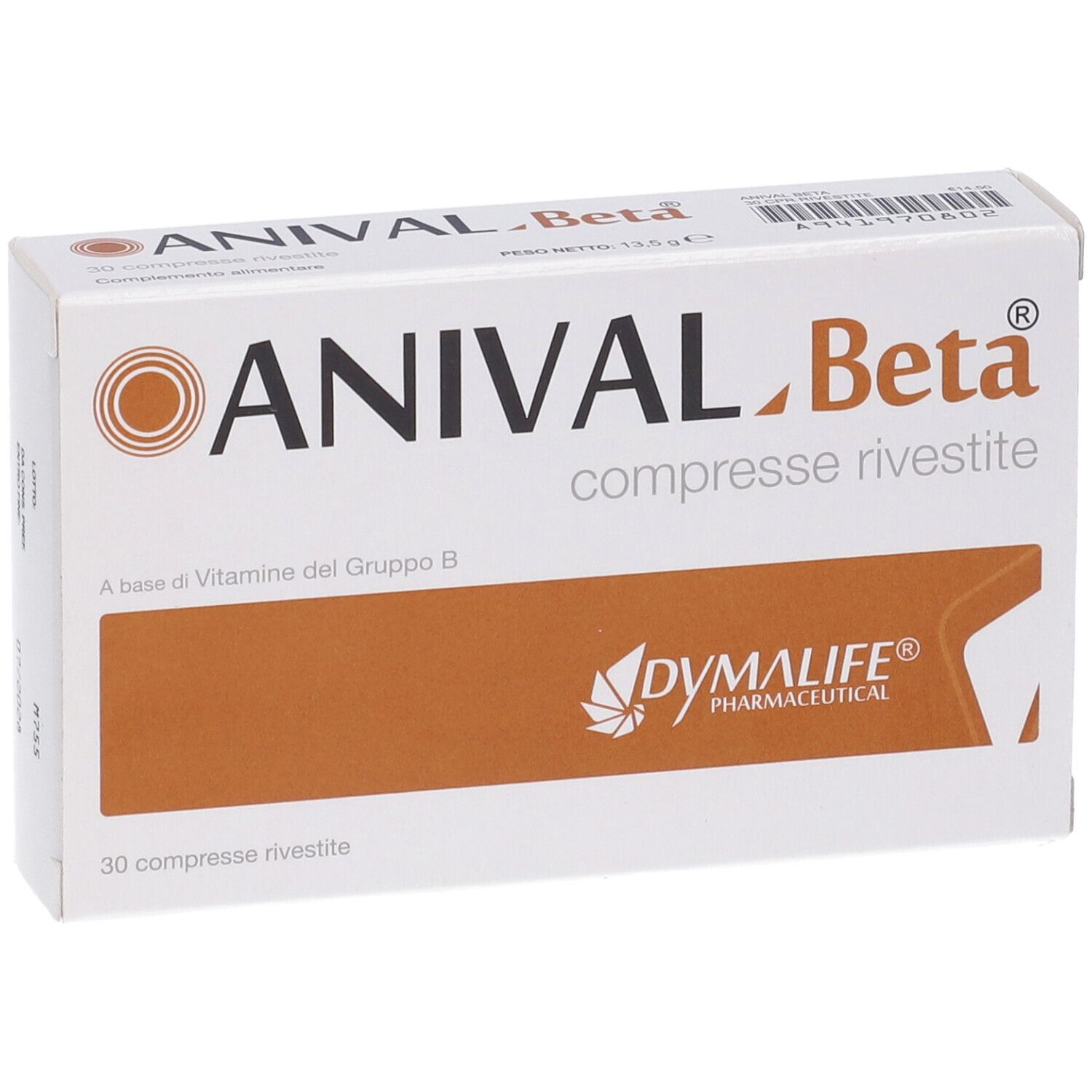 Scatola bianca "ANIVAL Beta". Logo e testo. 30 compresse. Area arancione con logo. "Dymalife Pharmaceutical".