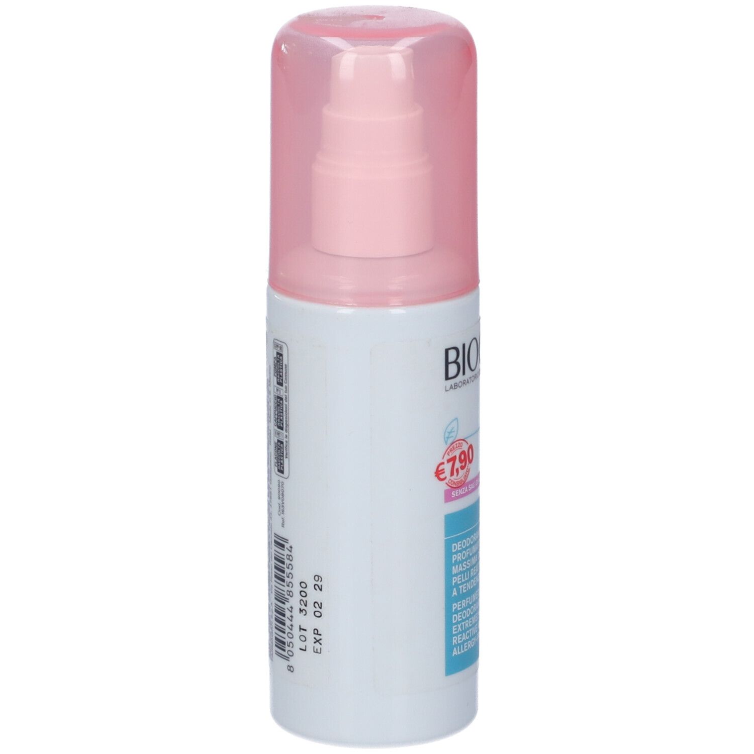 Flacone spray bianco con erogatore a pompa rosa e tappo trasparente rosa. Etichettatura sul flacone.