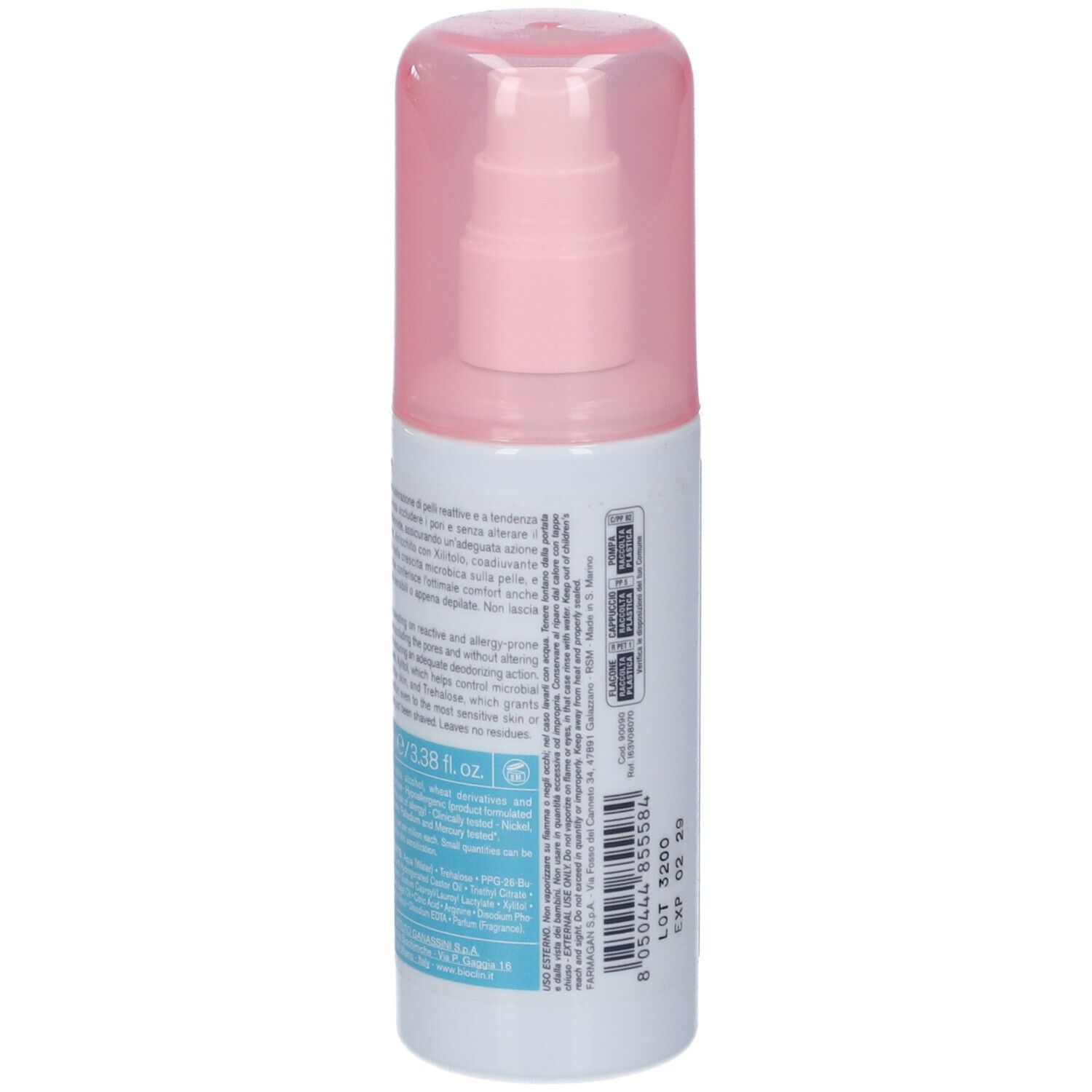Flacone spray bianco con tappo e dispenser rosa. Contiene testo e codice a barre.