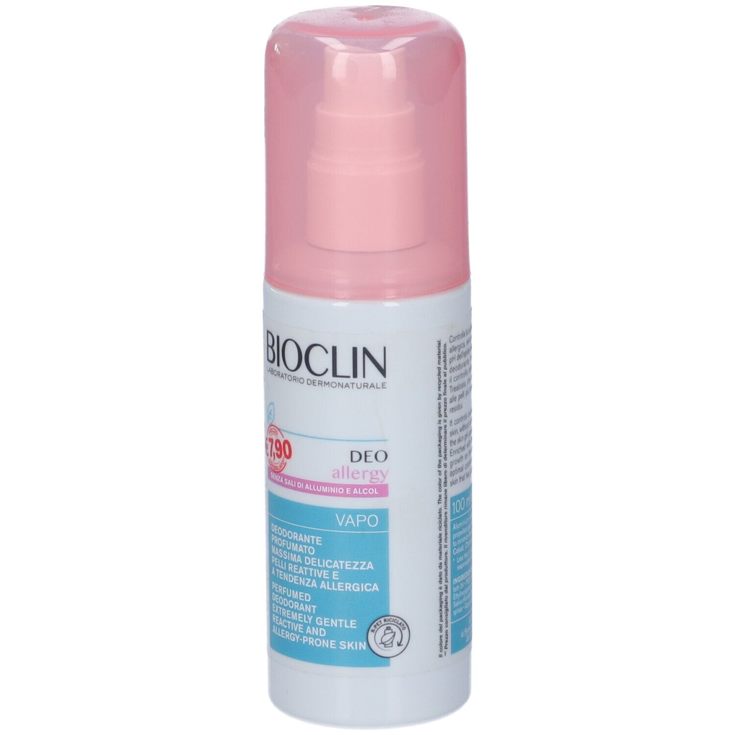 Bioclin Deo Allergy Vapo deodorante con dispenser a pompa e tappo rosa.