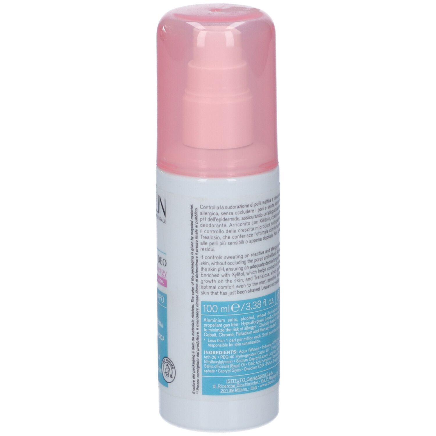 Spray deodorante Eucerin da 100 ml, flacone bianco con pompa e tappo rosa.
