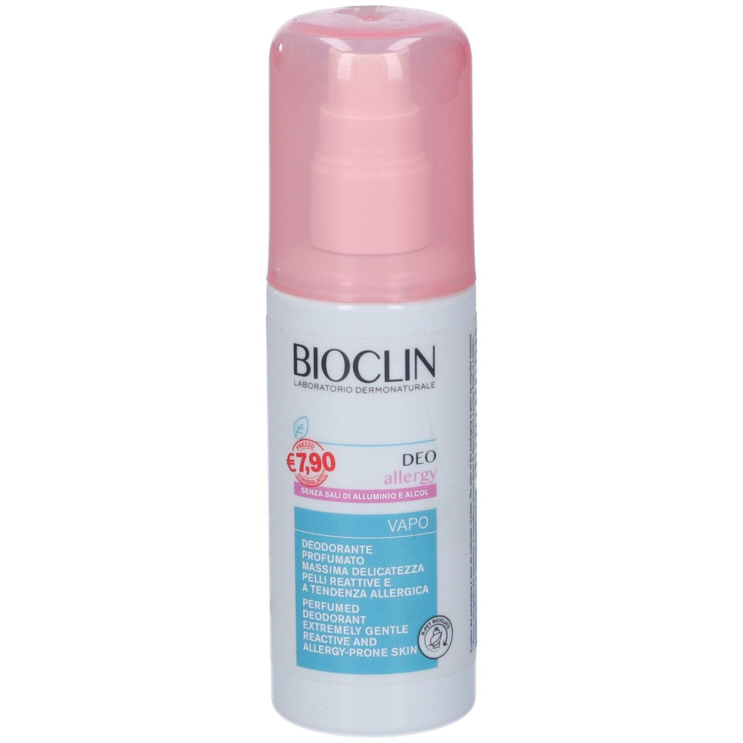 Flacone spray Bioclin Deo Vapo con tappo rosa. Per pelli sensibili e a tendenza allergica.