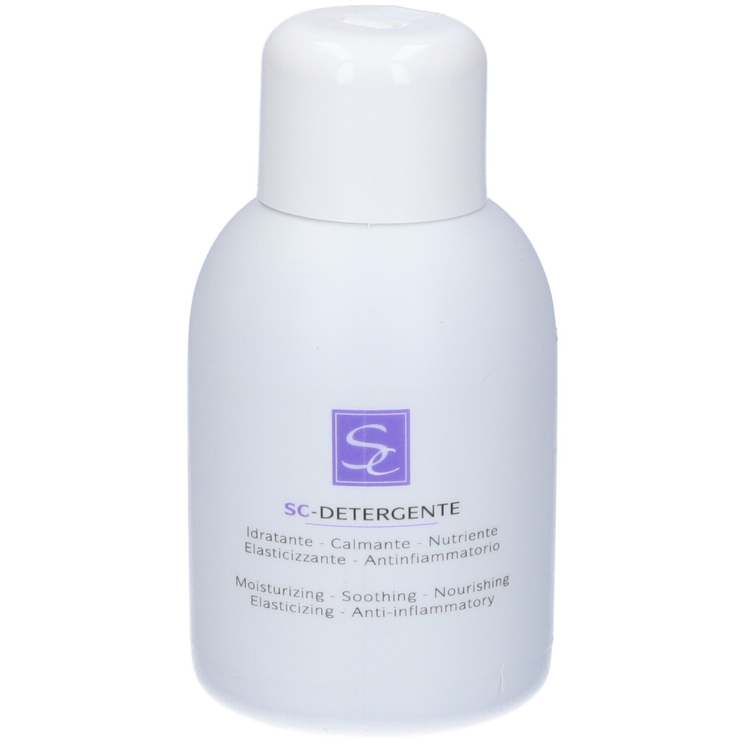 Flacone bianco con tappo bianco. Scritta: SC-DETERGENTE. Logo e testo viola. Prodotto.