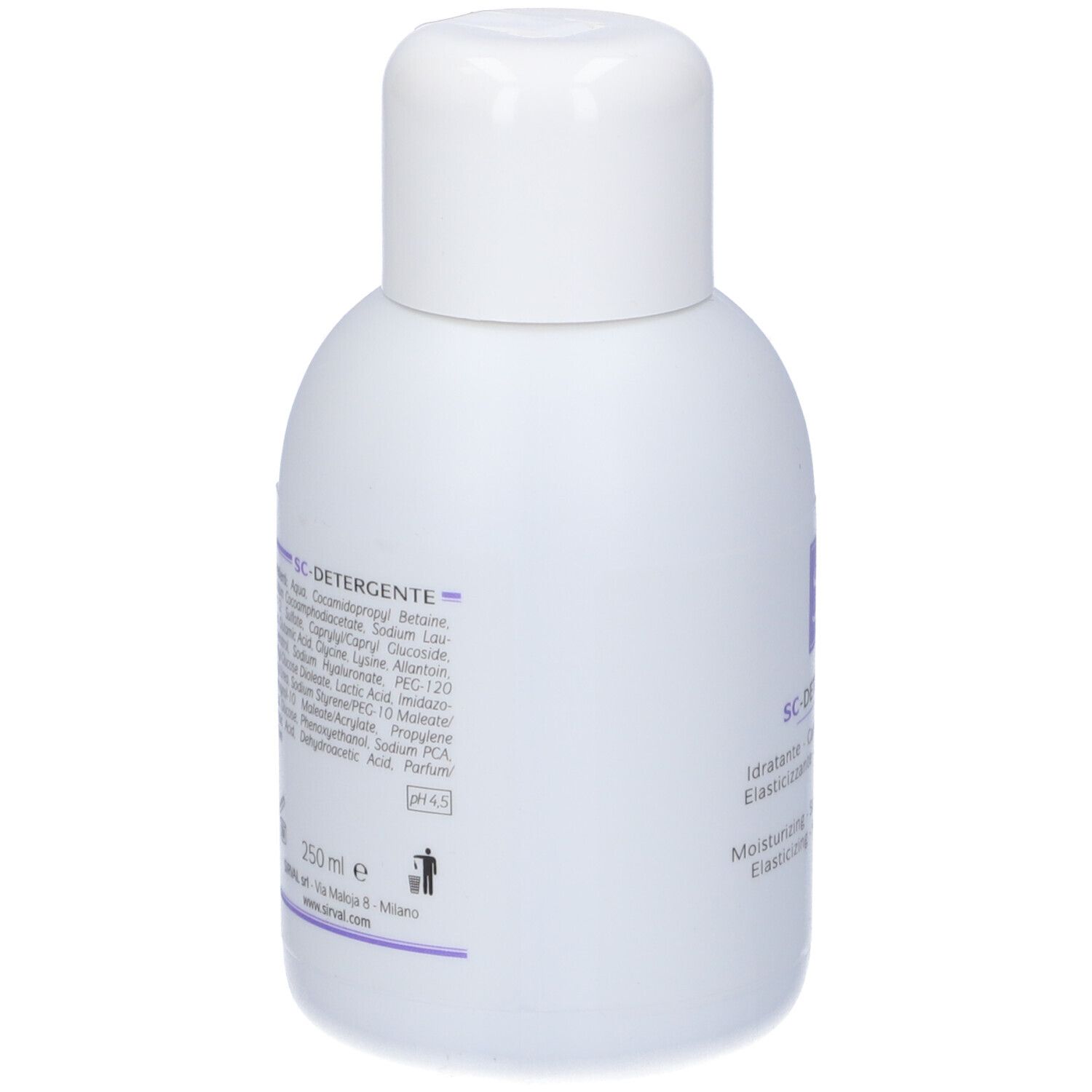 Flacone bianco. Retro con testo. Scritta: SC-DETERGENTE. Ingredienti e volume.