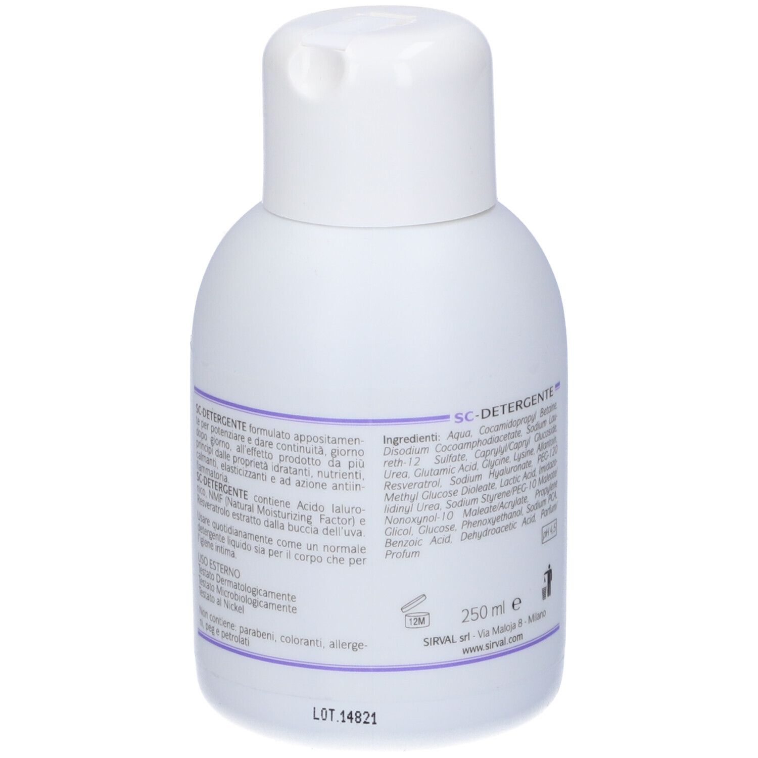 Flacone bianco. Retro con testo. Scritta: SC-DETERGENTE. Ingredienti e volume.