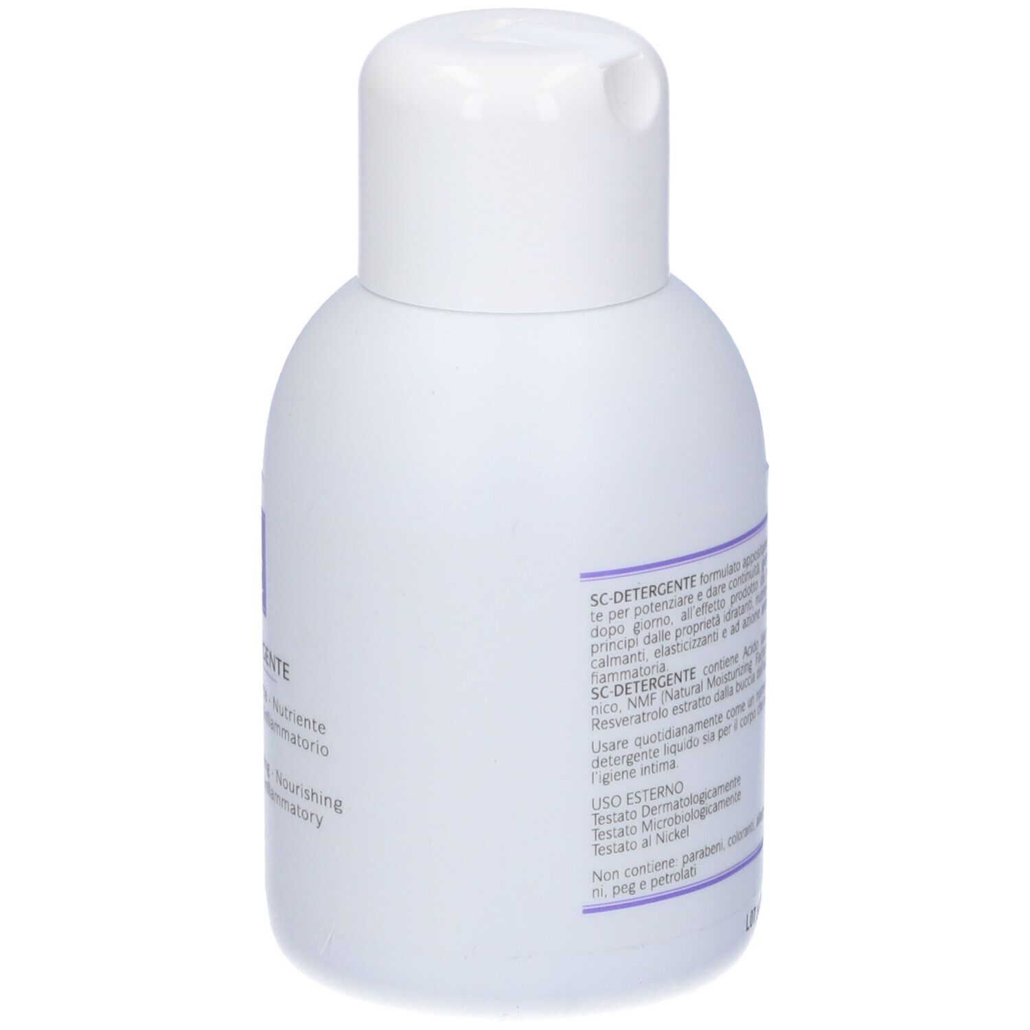 Flacone bianco. Scritta: SC-DETERGENTE. Testo e logo. Prodotto.
