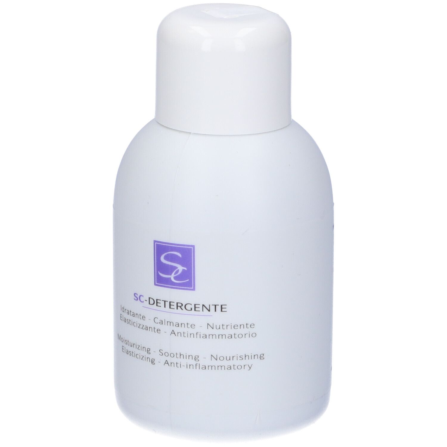 Flacone bianco. Scritta: SC-DETERGENTE. Testo e logo. Prodotto.