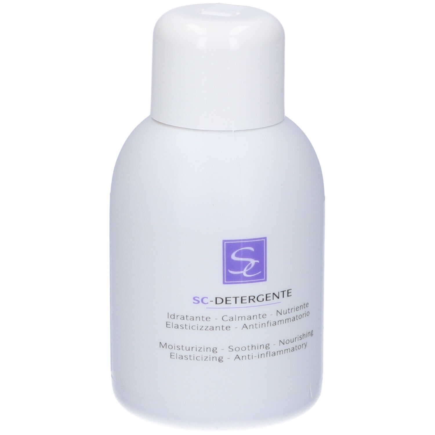 Flacone bianco. Scritta: SC-DETERGENTE. Testo e logo. Prodotto.