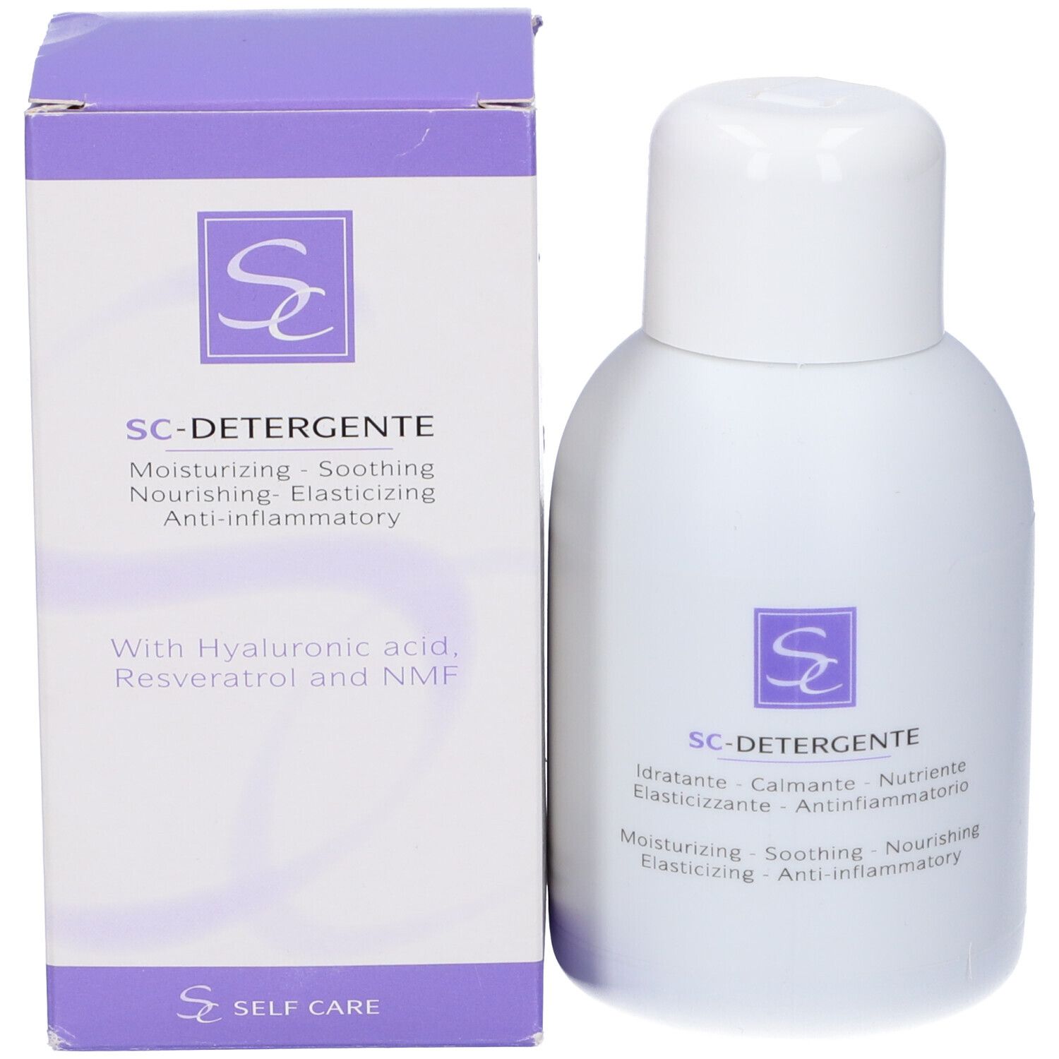 Flacone e scatola bianchi. Scritta: SC-DETERGENTE. Logo e testo viola. Confezione.