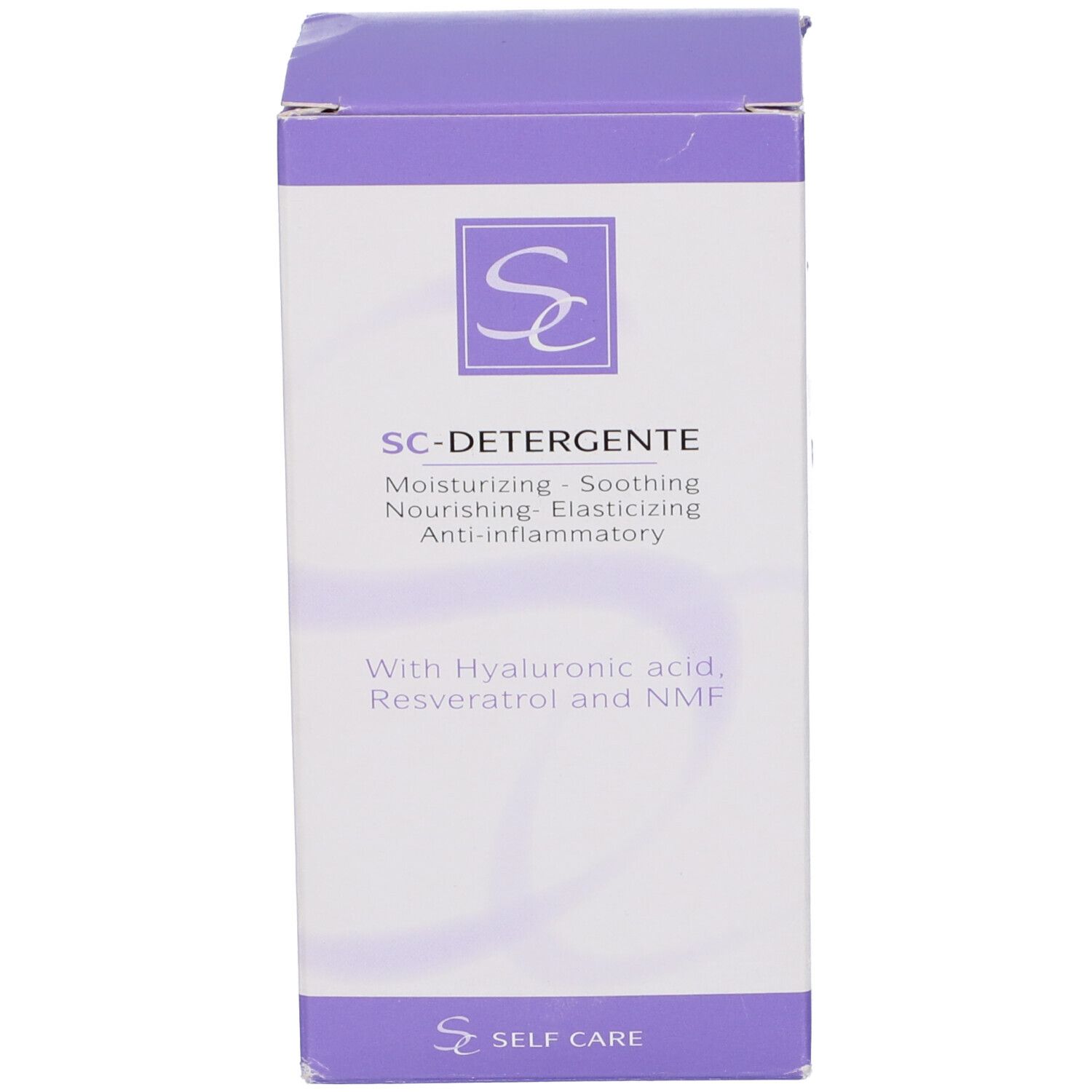 Scatola con scritta: SC-DETERGENTE. Logo e testo viola. Confezione del prodotto.