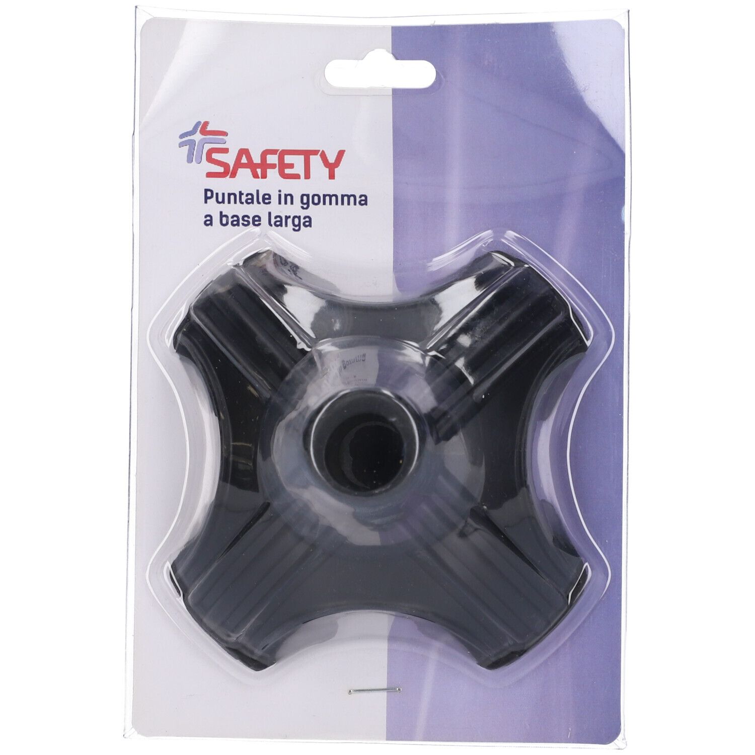 Base nera per bastone in blister. Marchio: Safety. Testo: Puntale in gomma a base larga.