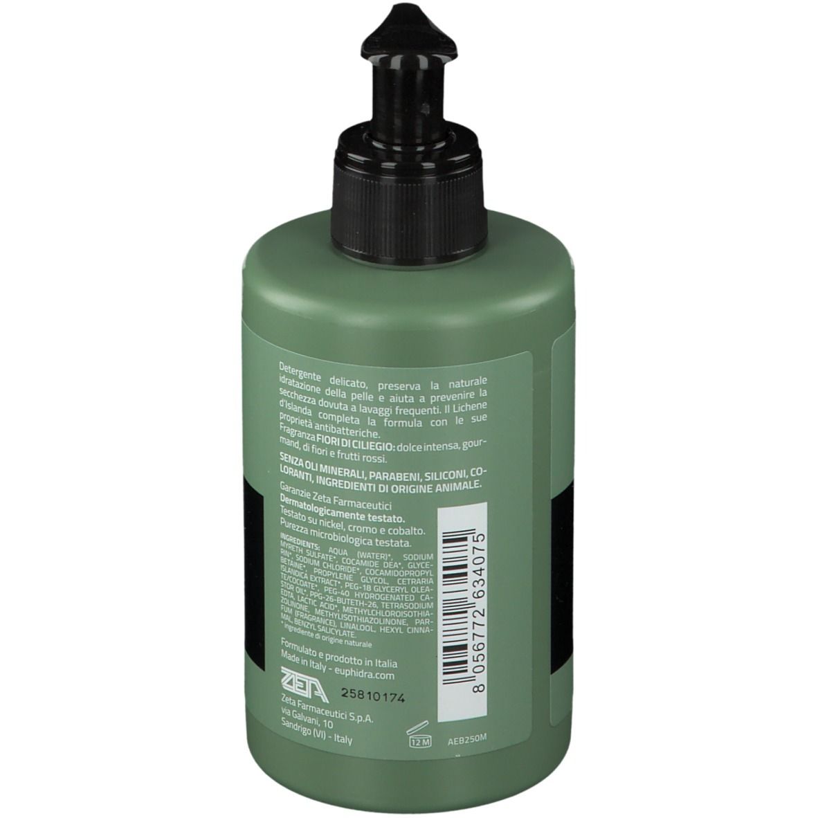 Flacone verde con dosatore nero. Retro con testo. Nome prodotto non visibile.