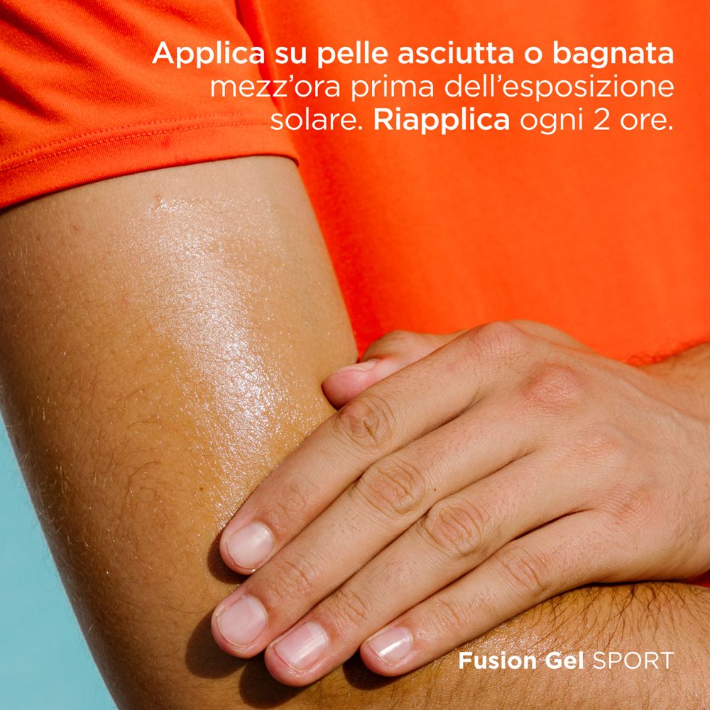 Prodotto applicato sul braccio. ISDIN Fotoprotector Fusion Gel Sport. Pelle lucida.