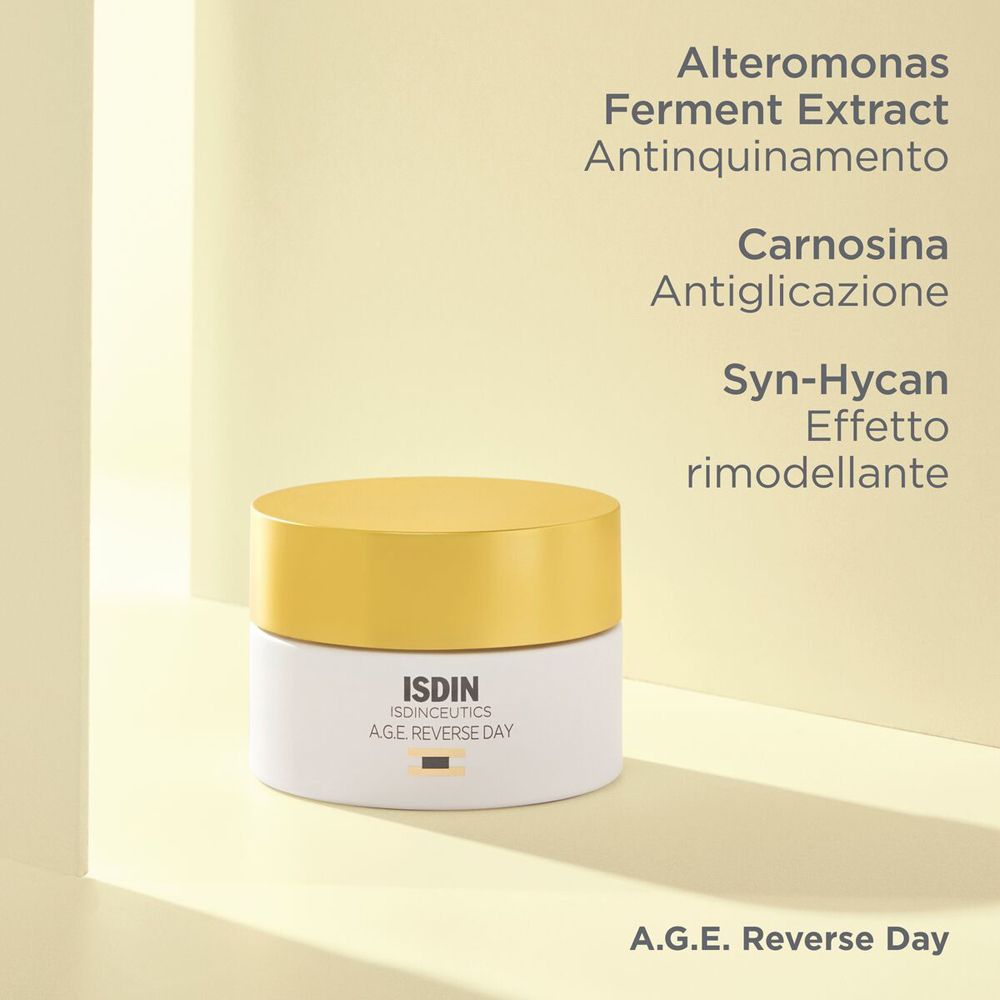 Vasetto di crema con testo: Alteromonas Ferment Extract, Carnosina, Syn-Hycan. ISDIN A.G.E. REVERSE DAY.