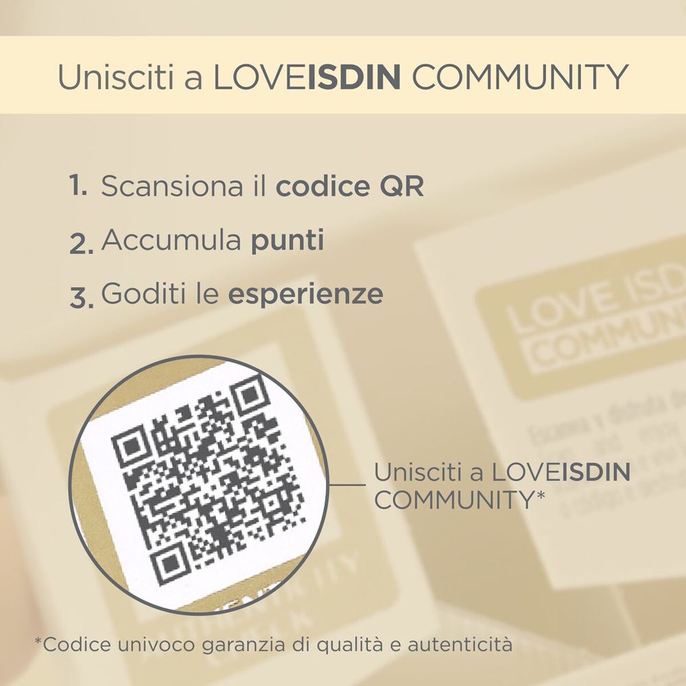 Codice QR e testo: Unisciti a LOVEISDIN COMMUNITY. Scansiona il codice QR, Accumula punti, Goditi le esperienze.
