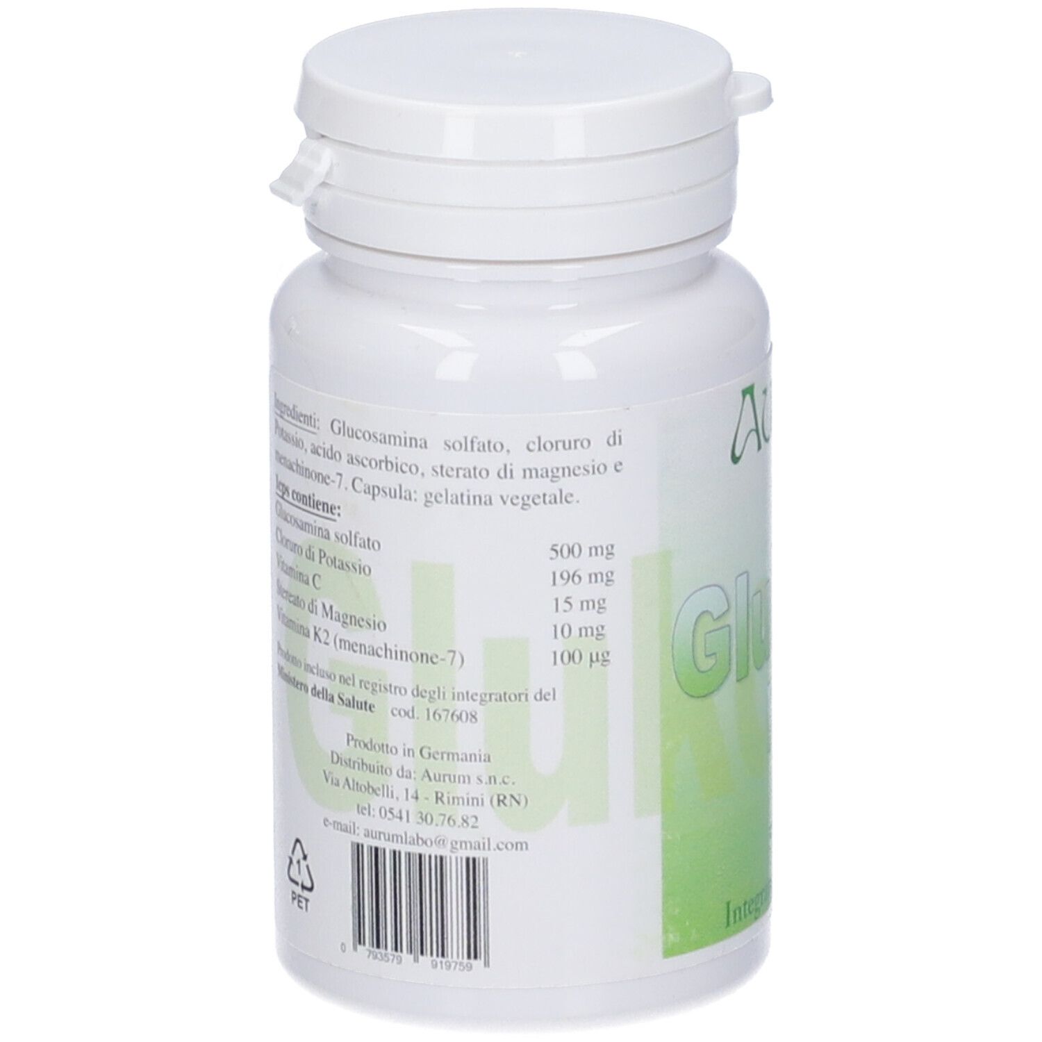 Flacone bianco, retro con ingredienti e informazioni nutrizionali. Contiene glucosamina, vitamina C, K2.