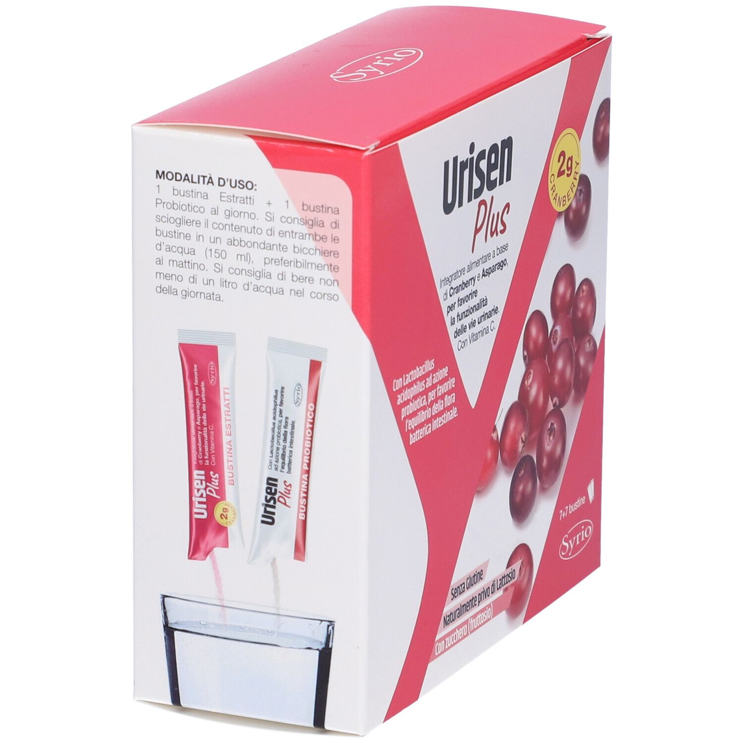Scatola 'Urisen Plus' aperta con bustine. Mostra bustine e un bicchiere. Testo: 'Modalità d'uso'.