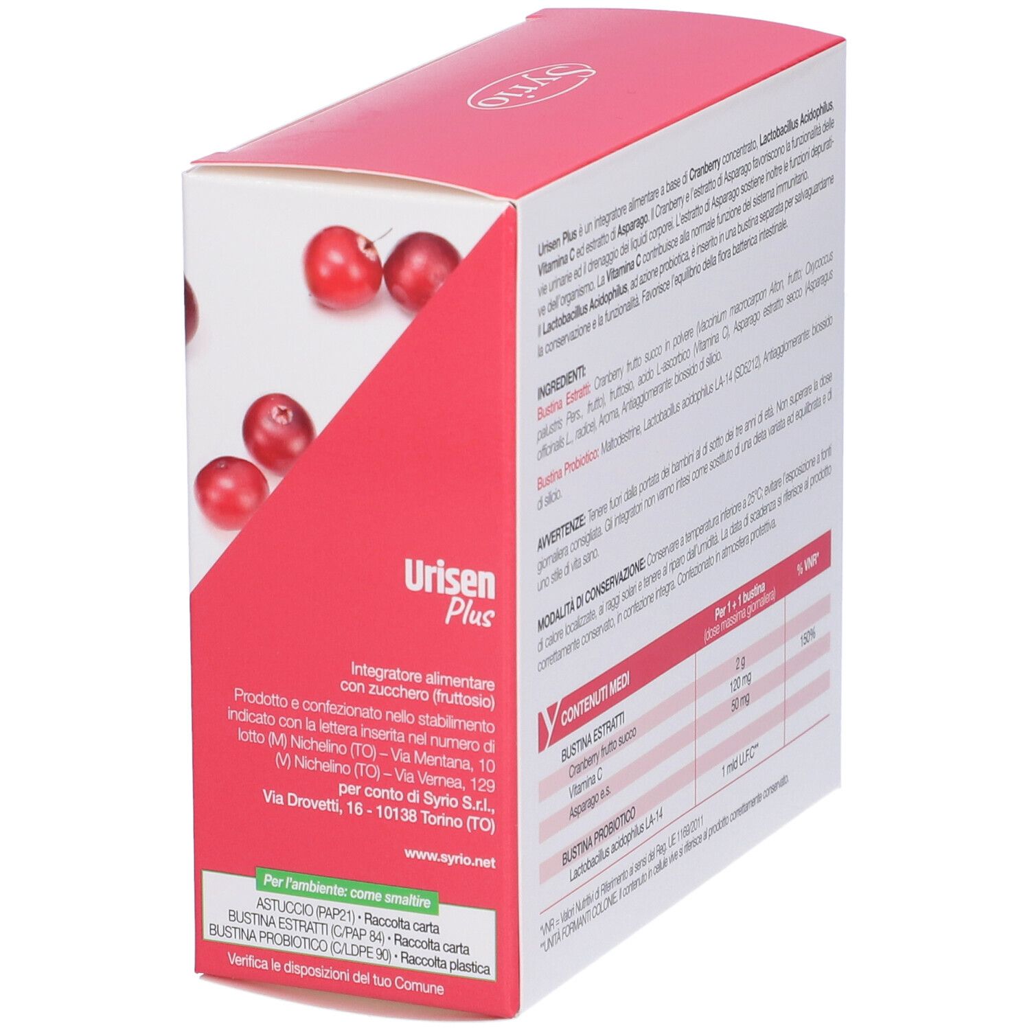 Scatola 'Urisen Plus' in vista obliqua. Testo: 'Ingredienti', 'Contenuti medi', e informazioni.