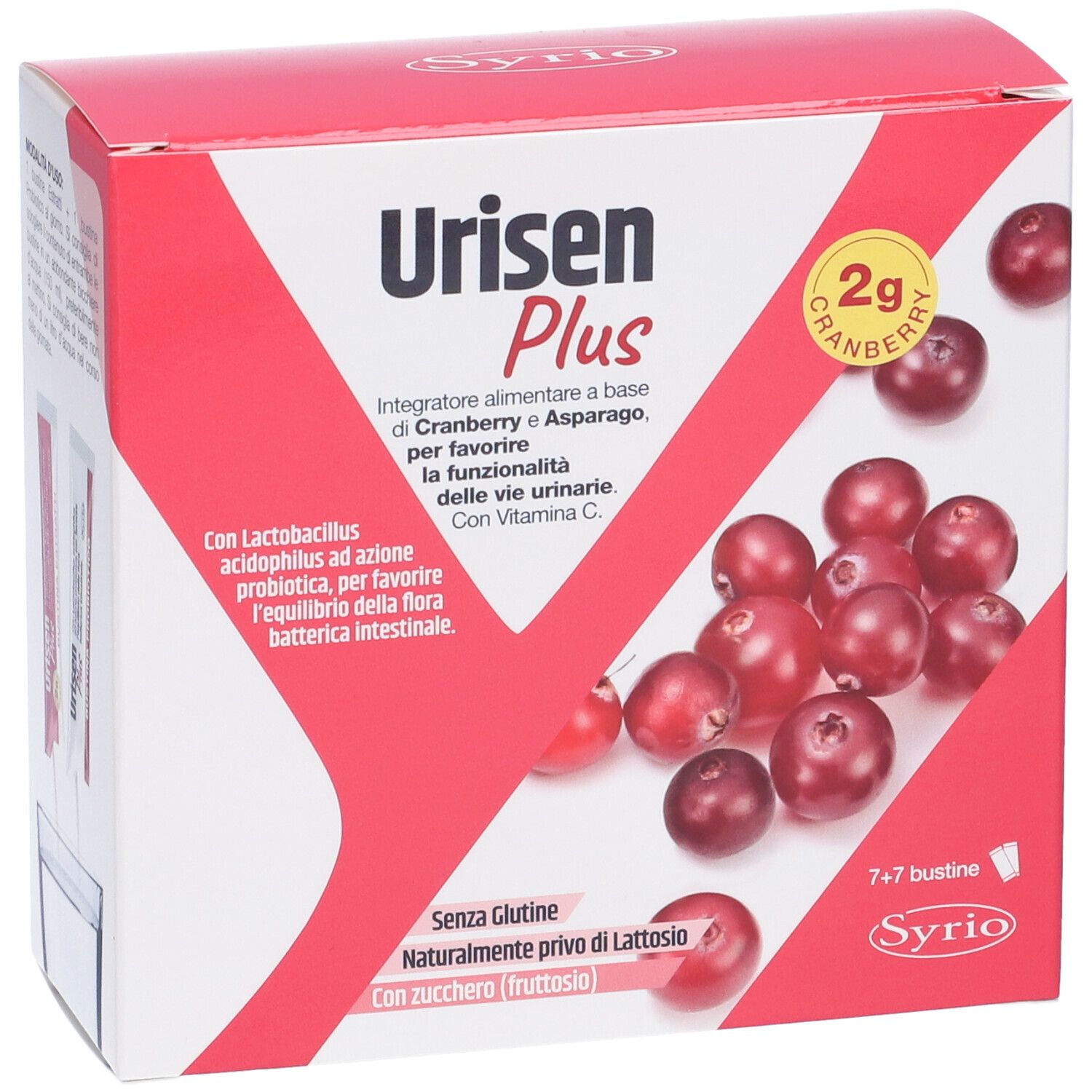 Scatola rossa 'Urisen Plus' con mirtilli rossi. Testo: 'Integratore alimentare' e 'Senza Glutine'.
