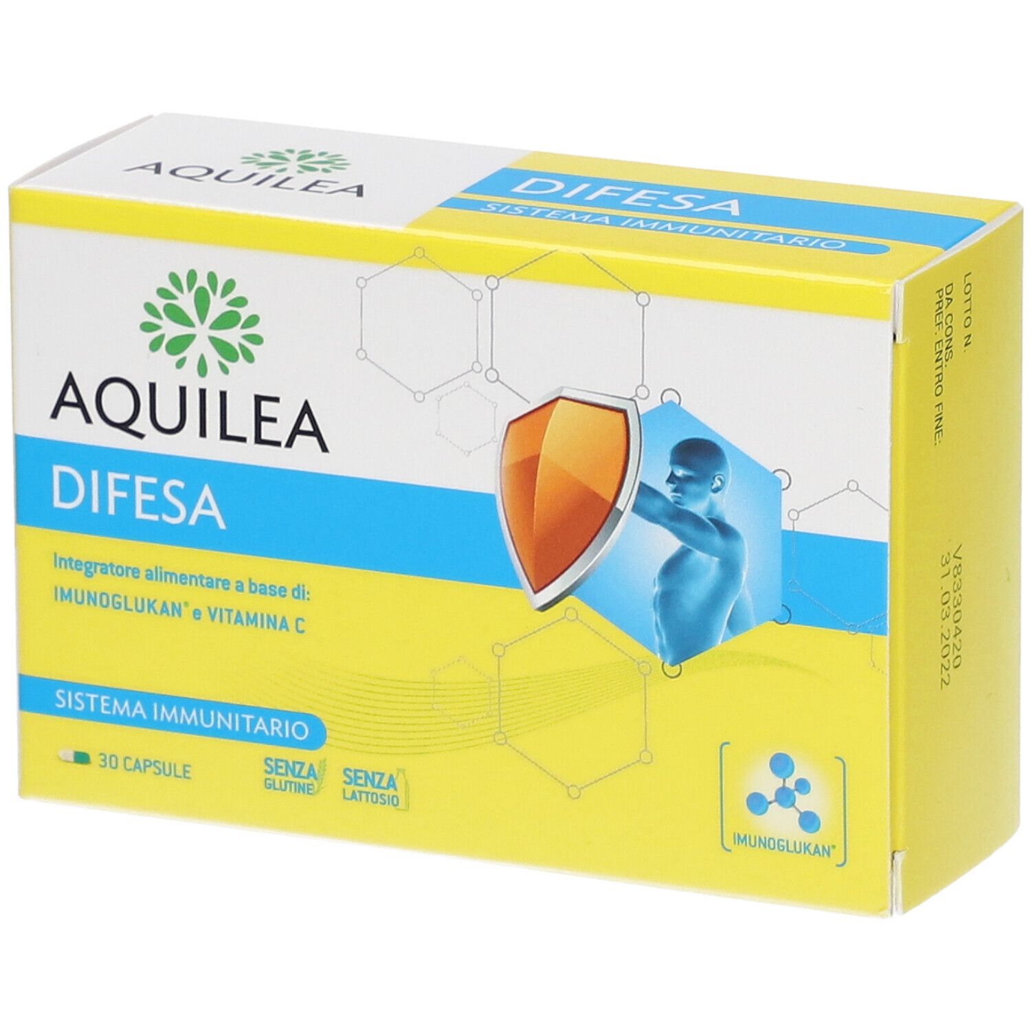 Confezione AQUILEA Difesa. Scatola gialla e bianca con nome e logo del prodotto. Contiene 30 capsule. Senza glutine e lattosio.