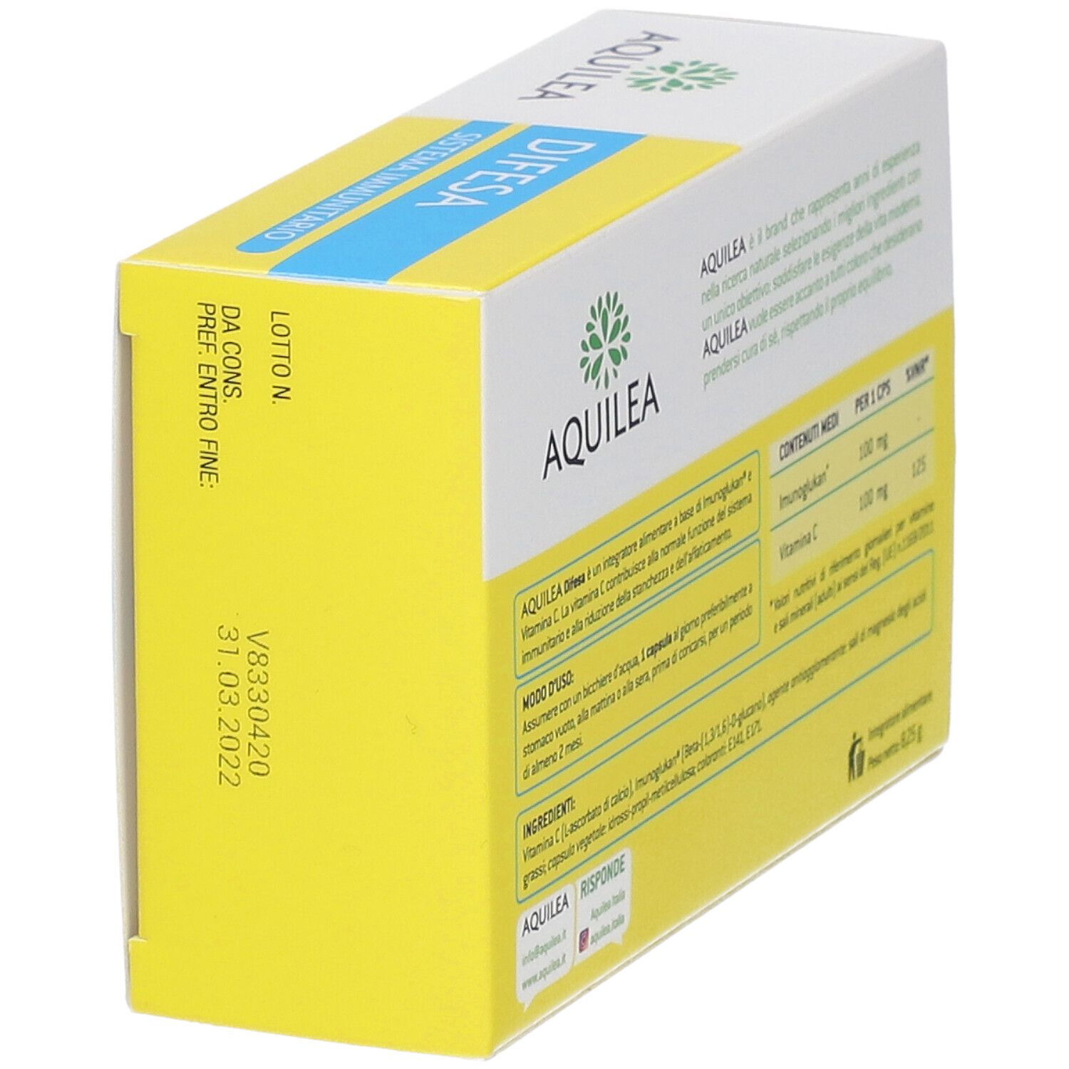 Confezione AQUILEA Difesa. Scatola gialla e bianca con nome e logo del prodotto. Contiene informazioni sugli ingredienti. Testo in italiano.