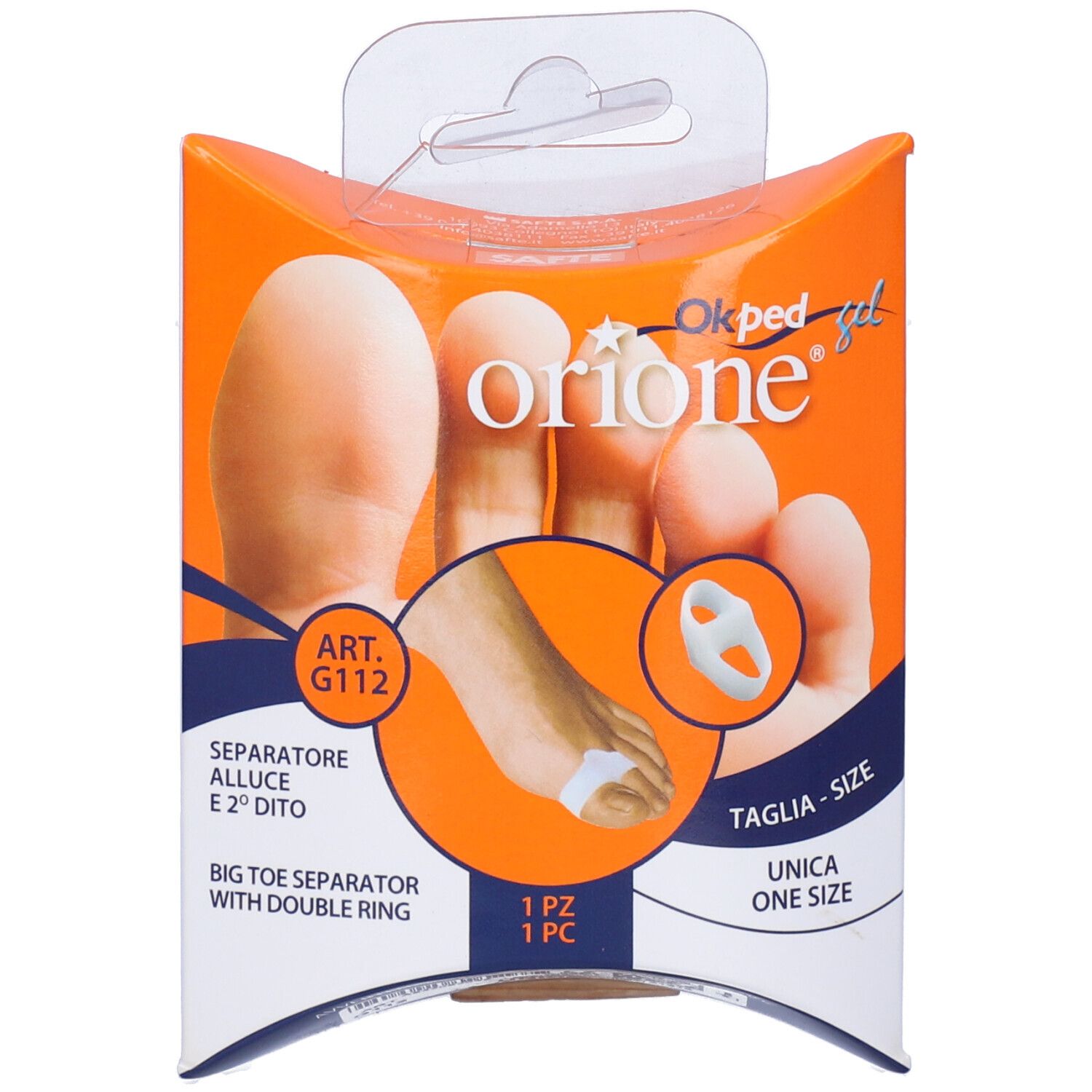 Confezione con separatore per dita. Nome prodotto 'Orione' e 'Ok ped gel' visibili.