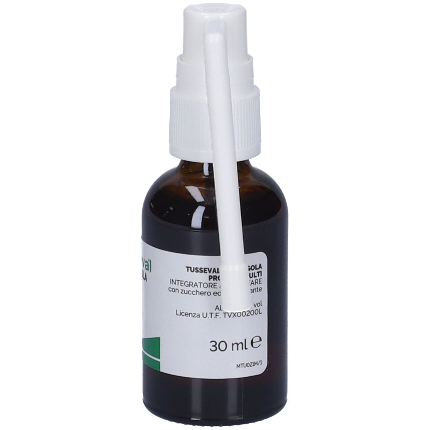 Flacone marrone con erogatore bianco e applicatore. Informazioni sul prodotto sull'etichetta.