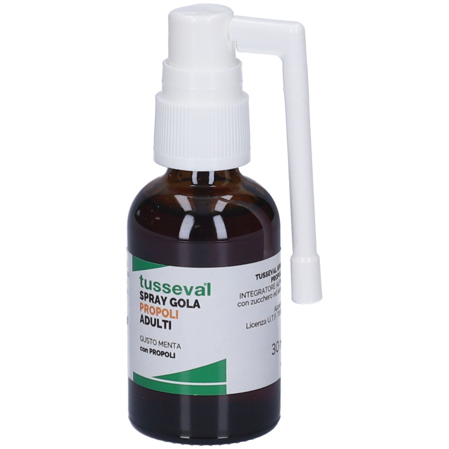 Flacone marrone con erogatore bianco e applicatore. Informazioni sul prodotto sull'etichetta.