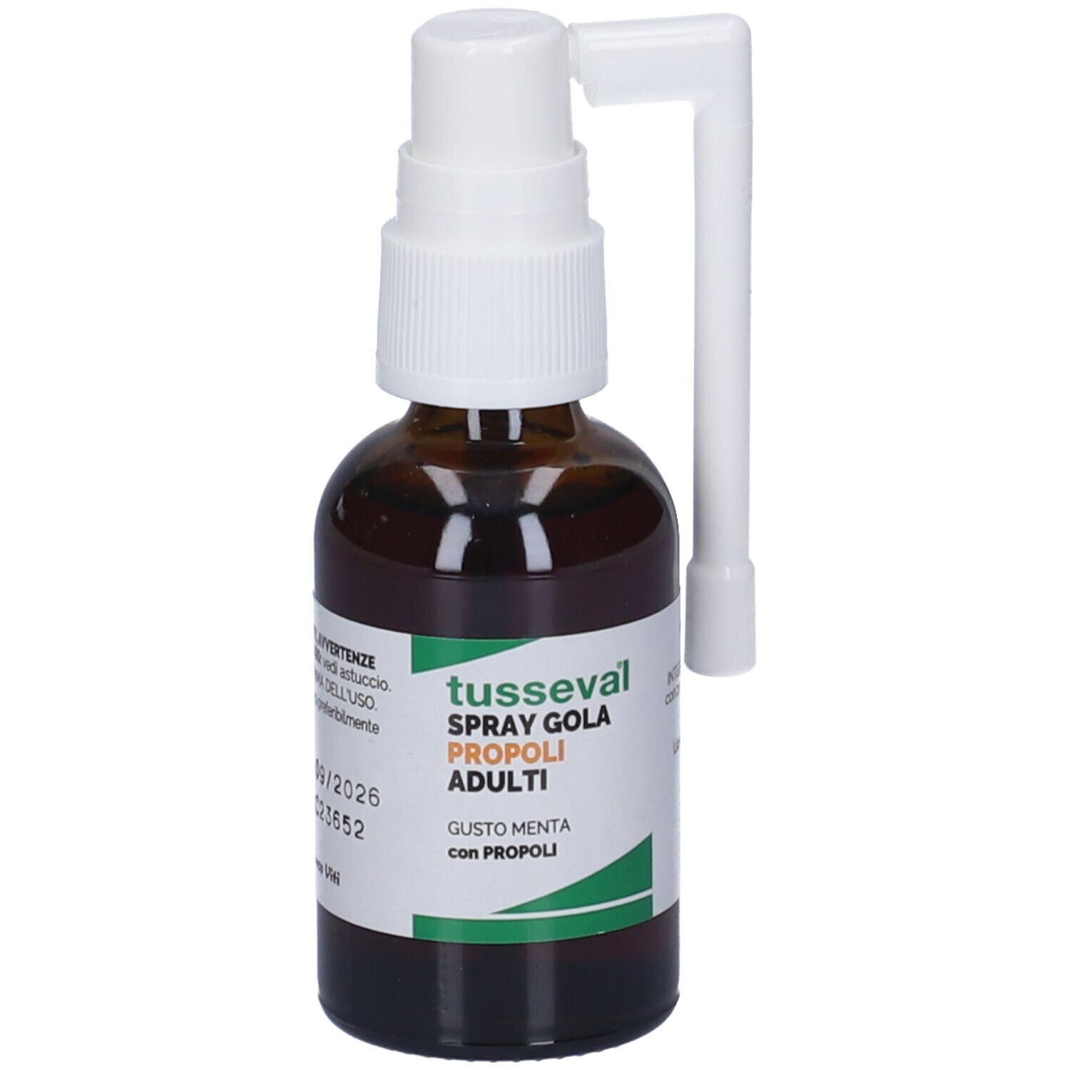 Flacone marrone con erogatore bianco e applicatore. Informazioni sul prodotto sull'etichetta.