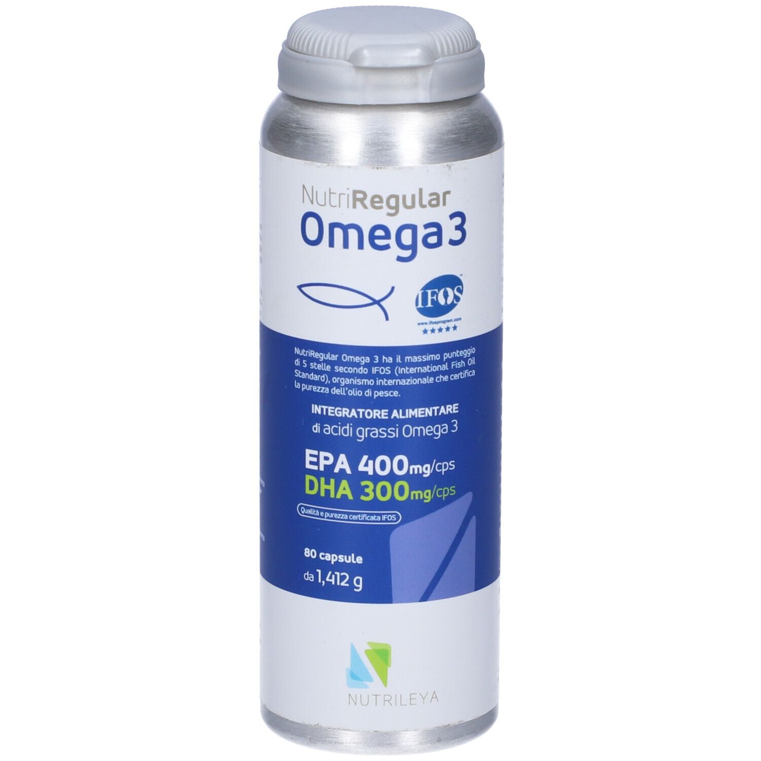 Barattolo cilindrico "NutriRegular Omega 3". Coperchio argentato. Etichette blu con testo. 80 capsule, 1,412 g. Certificazione IFOS.