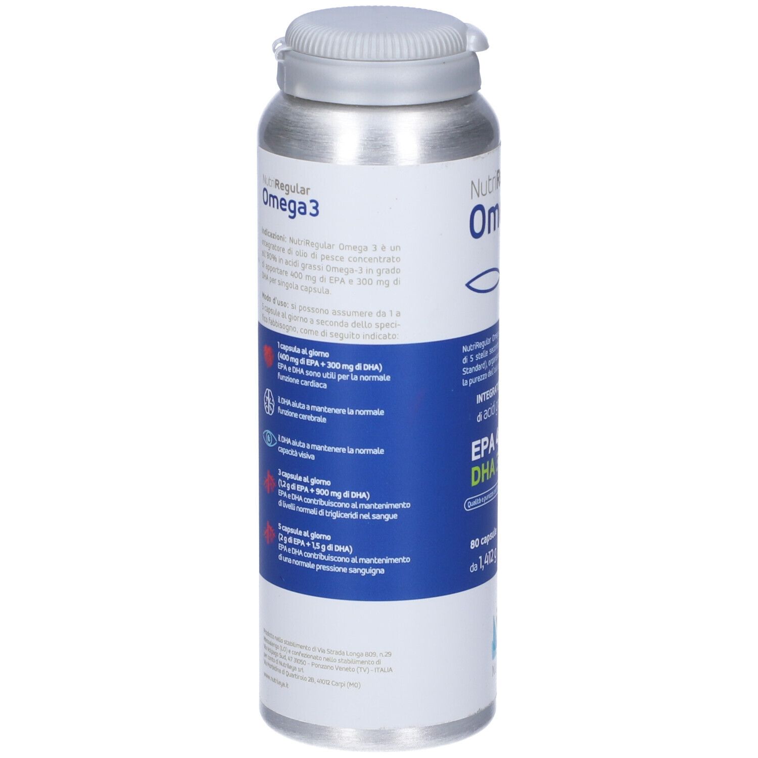 Barattolo cilindrico "NutriRegular Omega 3". Etichette blu con testo. Informazioni su dosaggio e ingredienti. 80 capsule.