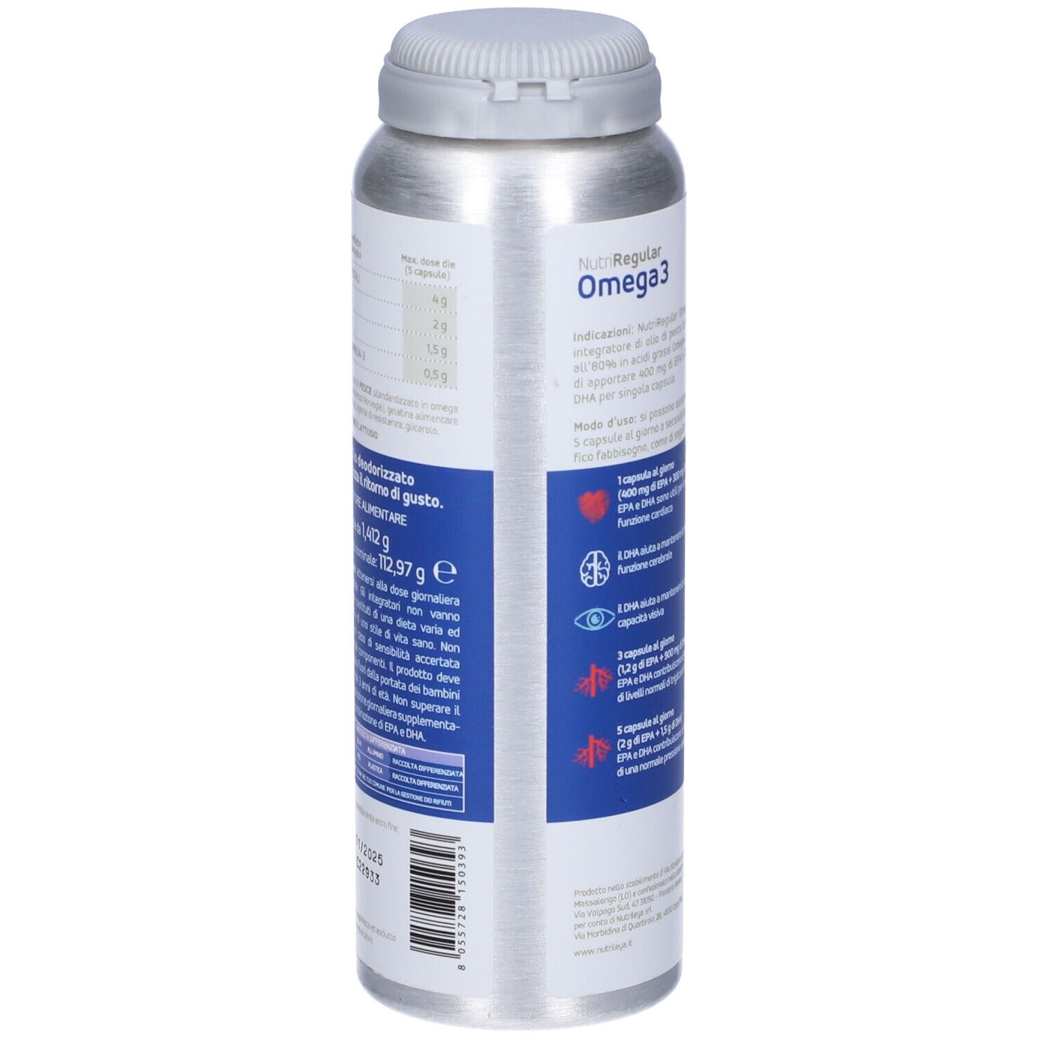 Barattolo cilindrico "NutriRegular Omega 3". Retro con informazioni su ingredienti e valori nutrizionali. 80 capsule.