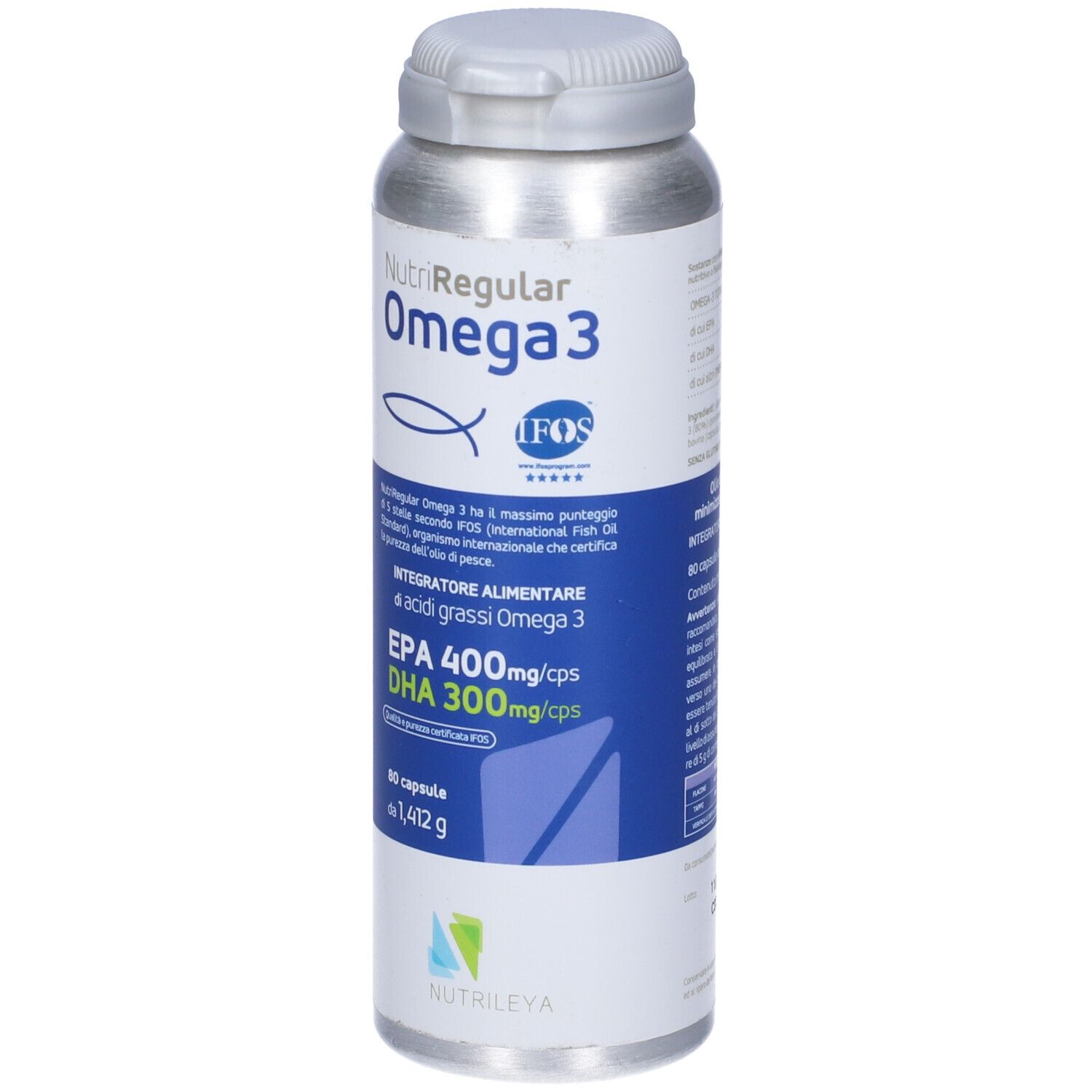 Barattolo cilindrico "NutriRegular Omega 3". Etichette blu con testo. EPA 400mg/cps, DHA 300mg/cps. 80 capsule. Certificazione IFOS.