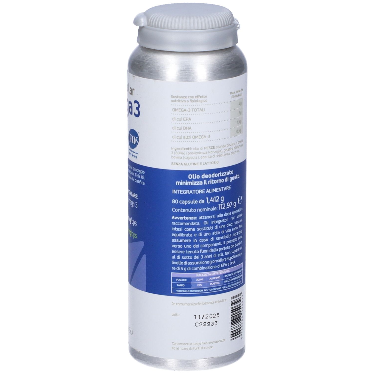 Barattolo cilindrico "NutriRegular Omega 3". Retro con informazioni su ingredienti e durata. 80 capsule.