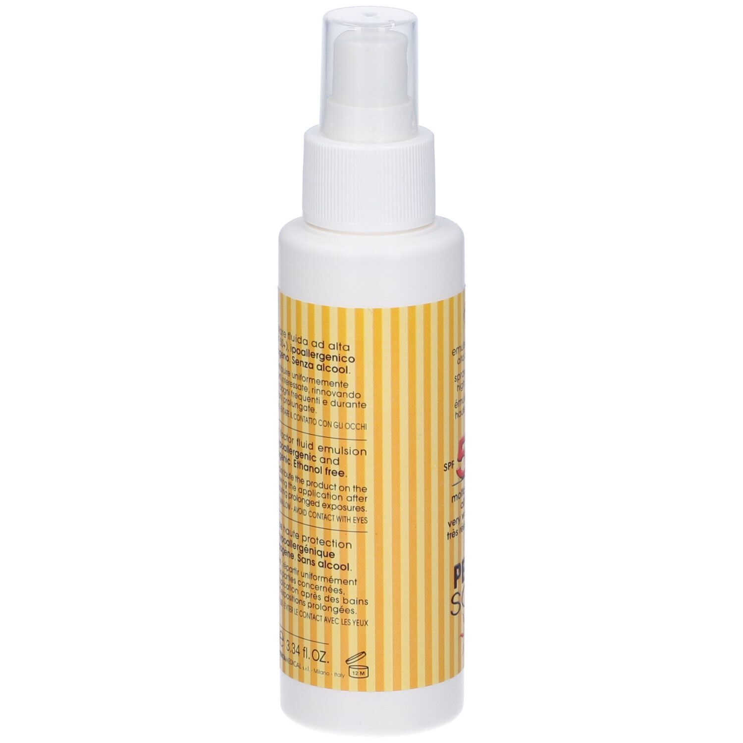 Flacone spray bianco, etichetta a strisce gialle. Testo in italiano. Protezione solare.