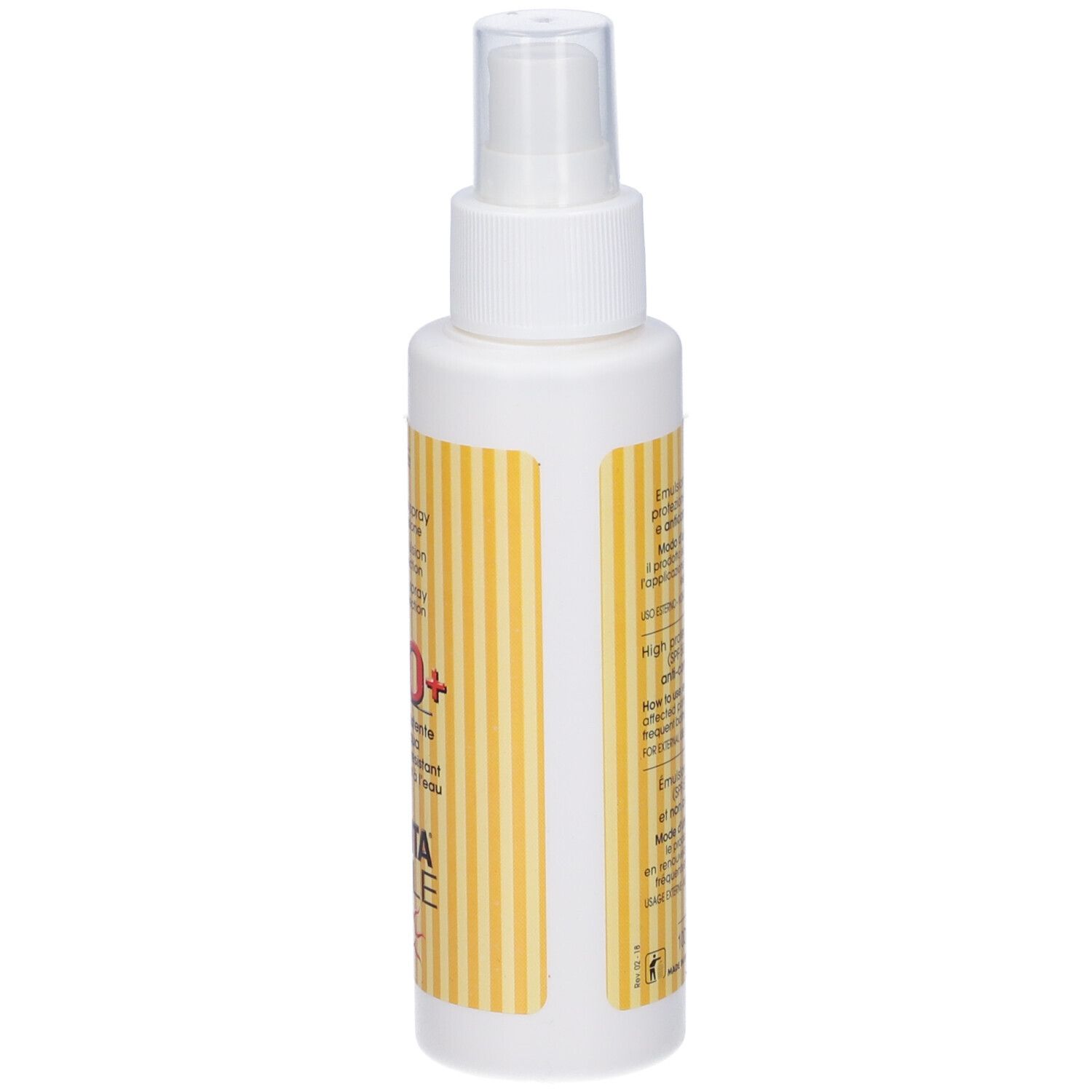 Flacone spray bianco, etichetta a strisce gialle. Testo: SPF 50+, PENTA SOLE. Protezione solare.