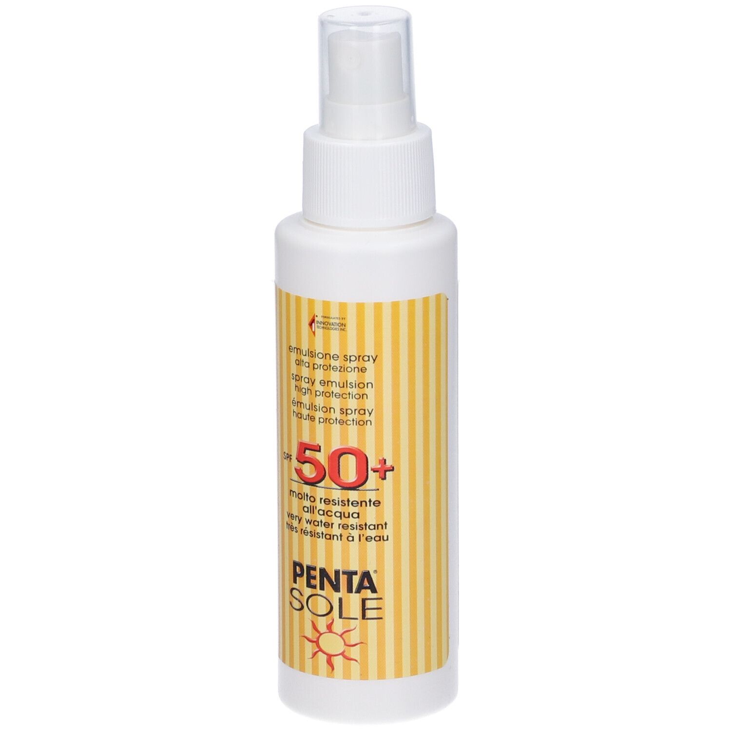 Flacone spray bianco, etichetta a strisce gialle. Testo: SPF 50+, PENTA SOLE. Protezione solare.
