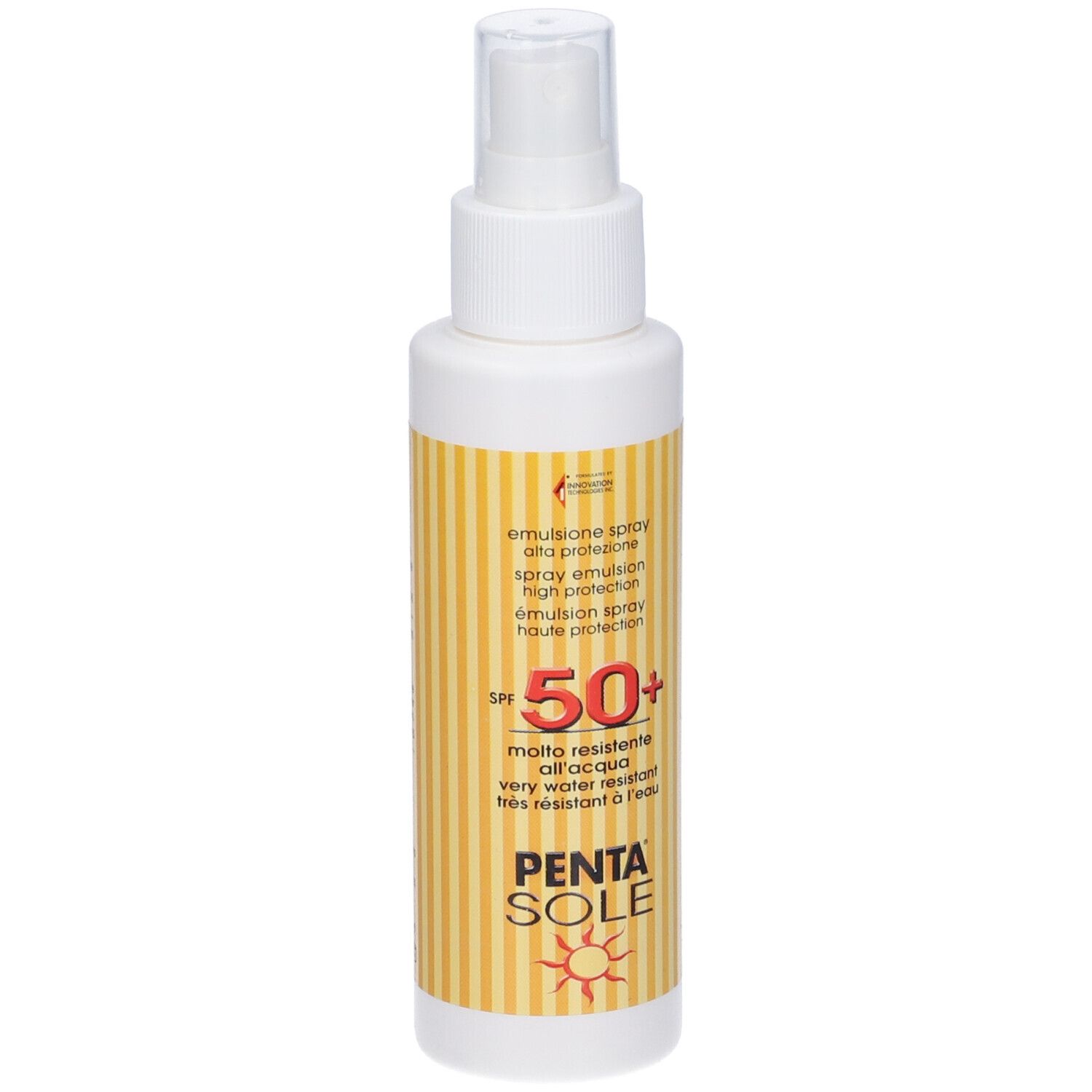 Flacone spray bianco, etichetta a strisce gialle. Testo: SPF 50+, PENTA SOLE. Protezione solare.