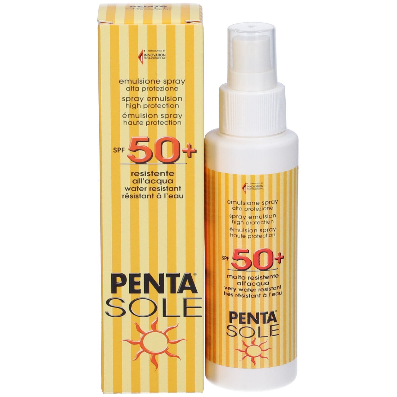 Confezione e flacone spray. Design a strisce gialle. Testo: SPF 50+, PENTA SOLE. Protezione solare.