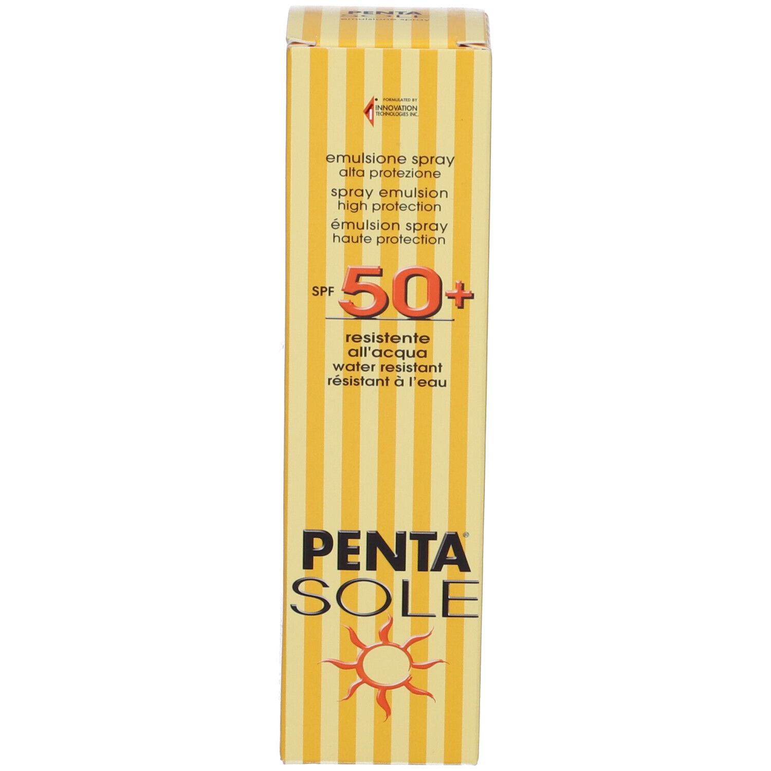 Confezione. Design a strisce gialle. Testo: SPF 50+, PENTA SOLE. Protezione solare.