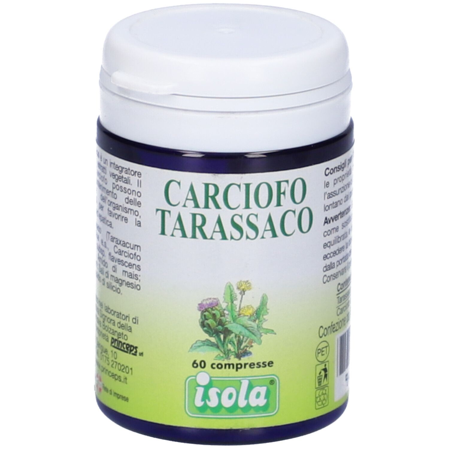 Barattolo blu con coperchio bianco. Scritta: Carciofo Tarassaco, 60 compresse, Isola. Immagine di un cardo.