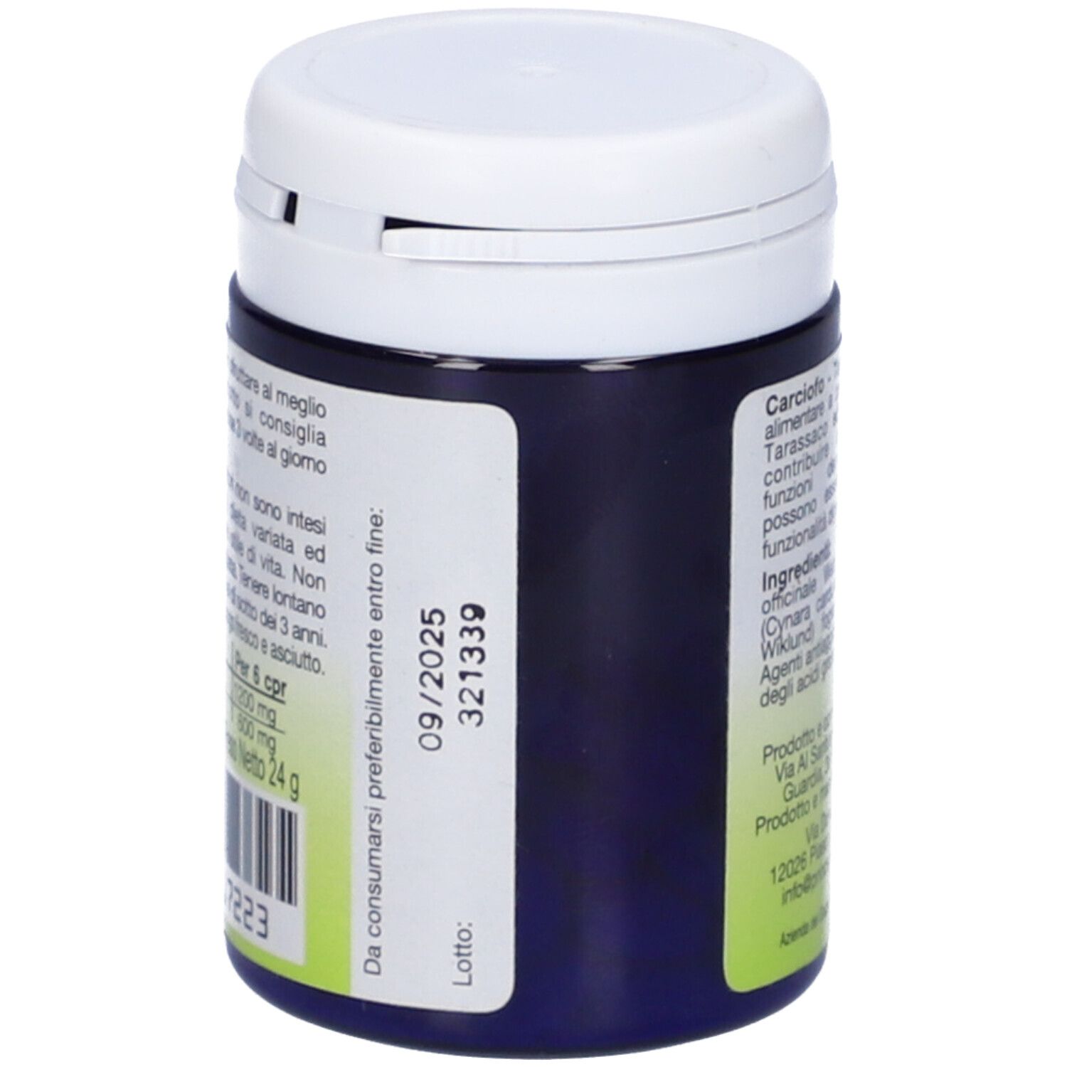 Barattolo blu con coperchio bianco. Scritta: Carciofo Tarassaco, 60 compresse, Isola. Immagine di un cardo.