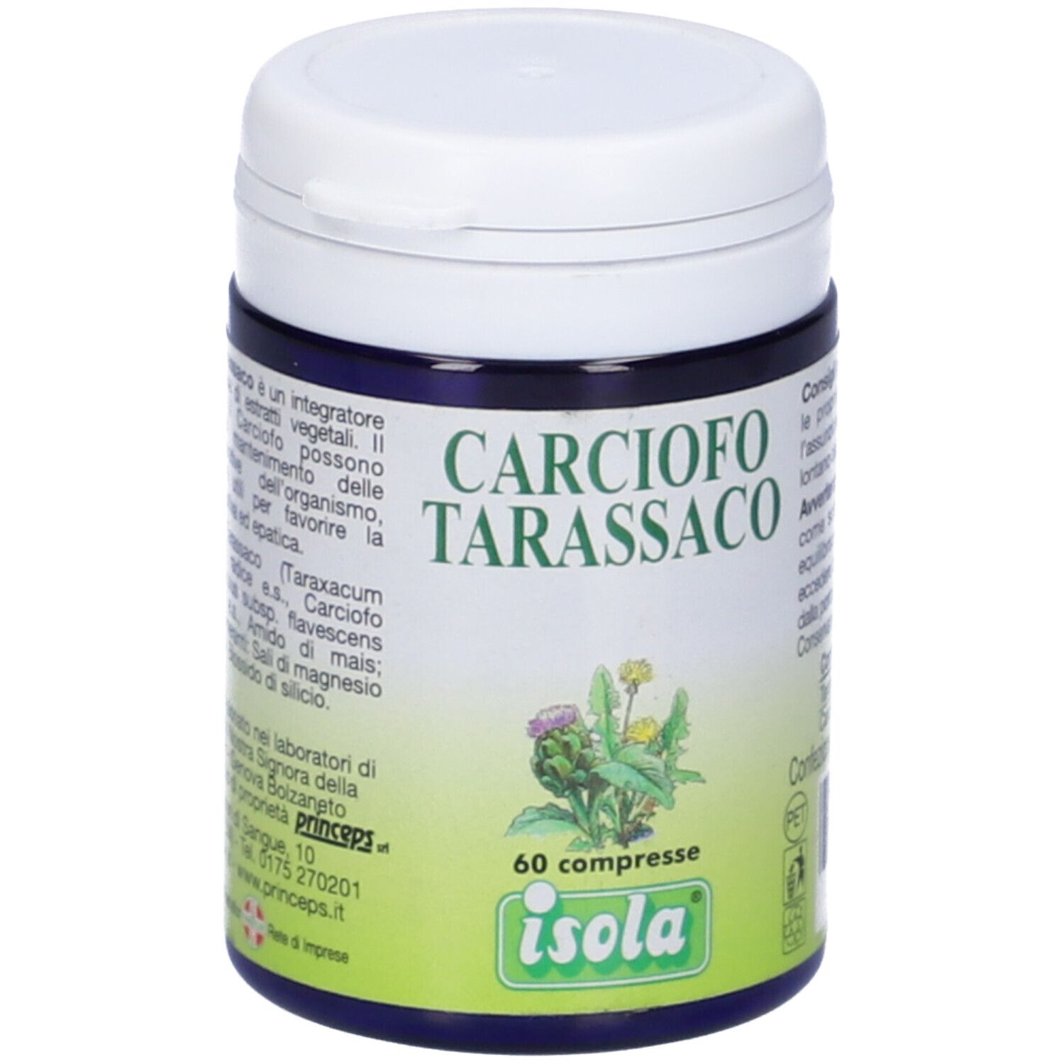 Barattolo blu con coperchio bianco. Scritta: Carciofo Tarassaco, 60 compresse, Isola. Immagine di un cardo.