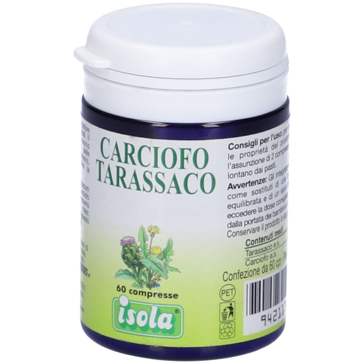 Barattolo blu con coperchio bianco. Scritta: Carciofo Tarassaco, 60 compresse, Isola. Immagine di un cardo.