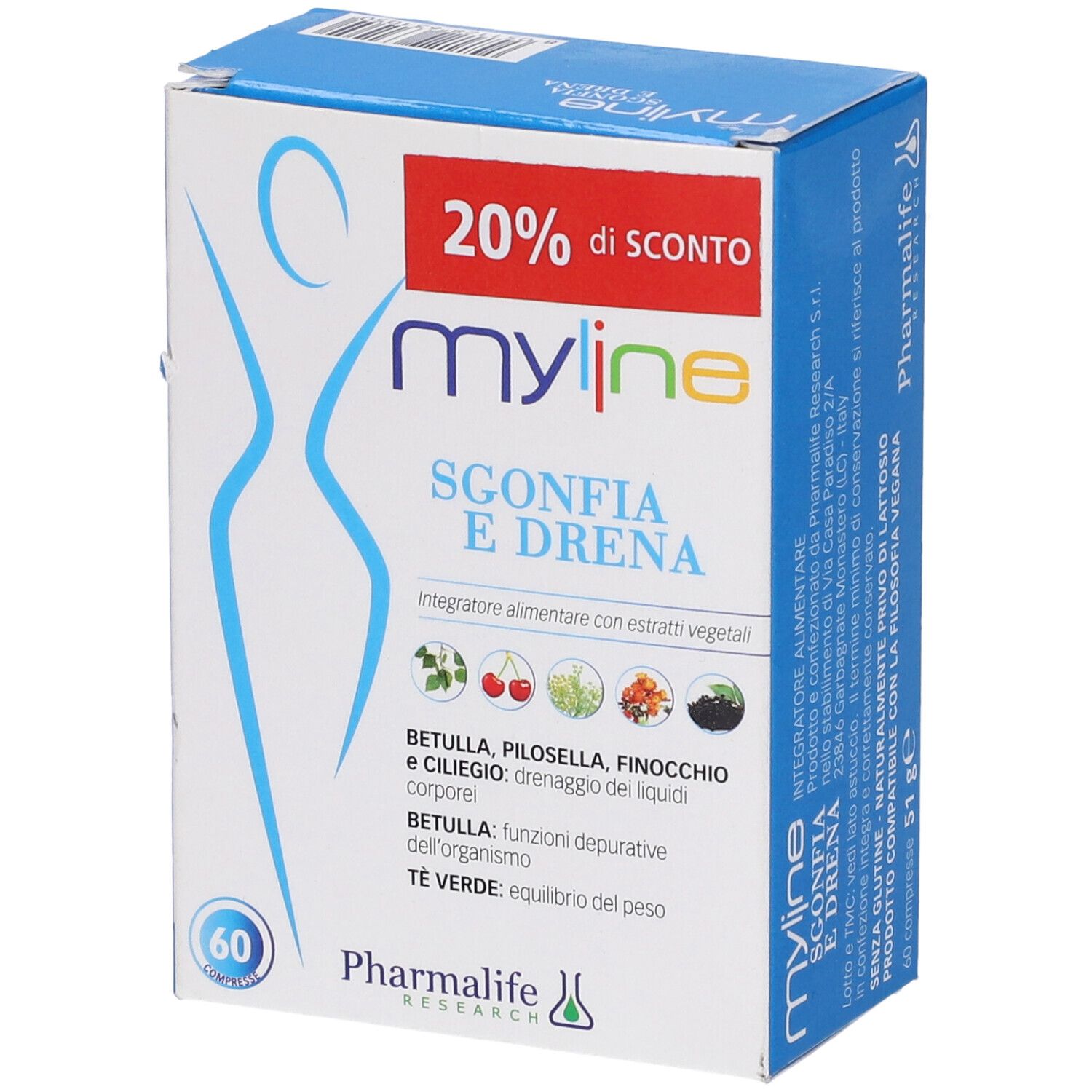 Scatola My Line Sgonfia E Drena, 20% di sconto, 60 compresse.