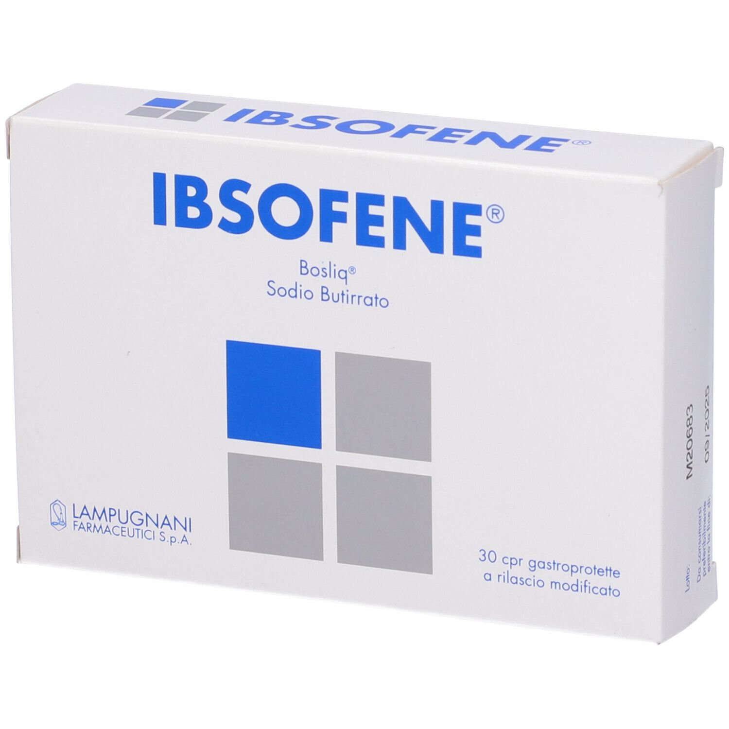 Scatola bianca con motivo quadrato blu e grigio. Scritta IBSOFENE, Bosliq, S. Butirrato. 30 compresse.