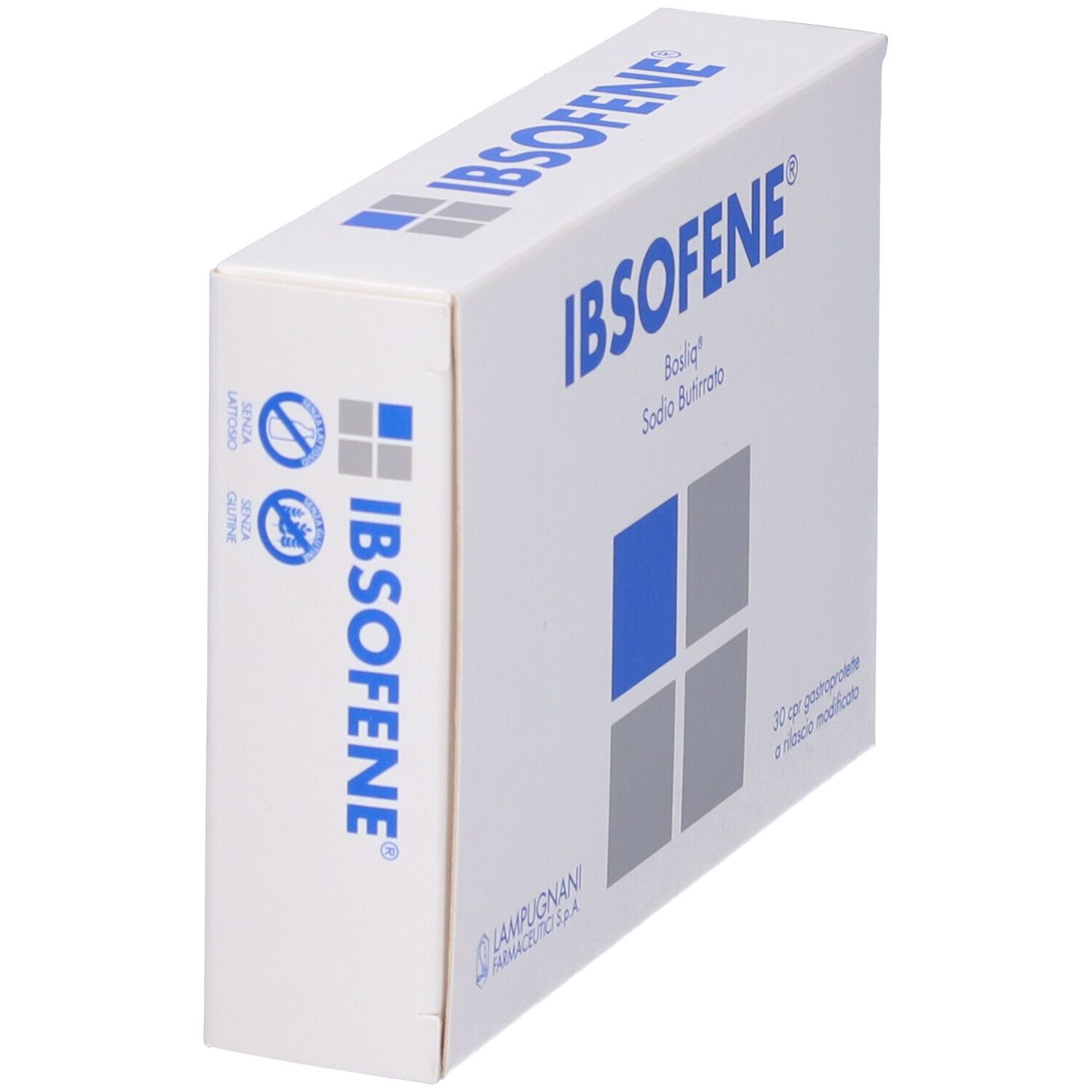 Scatola bianca con motivo quadrato blu e grigio. Scritta IBSOFENE, Bosliq, S. Butirrato. 30 compresse.