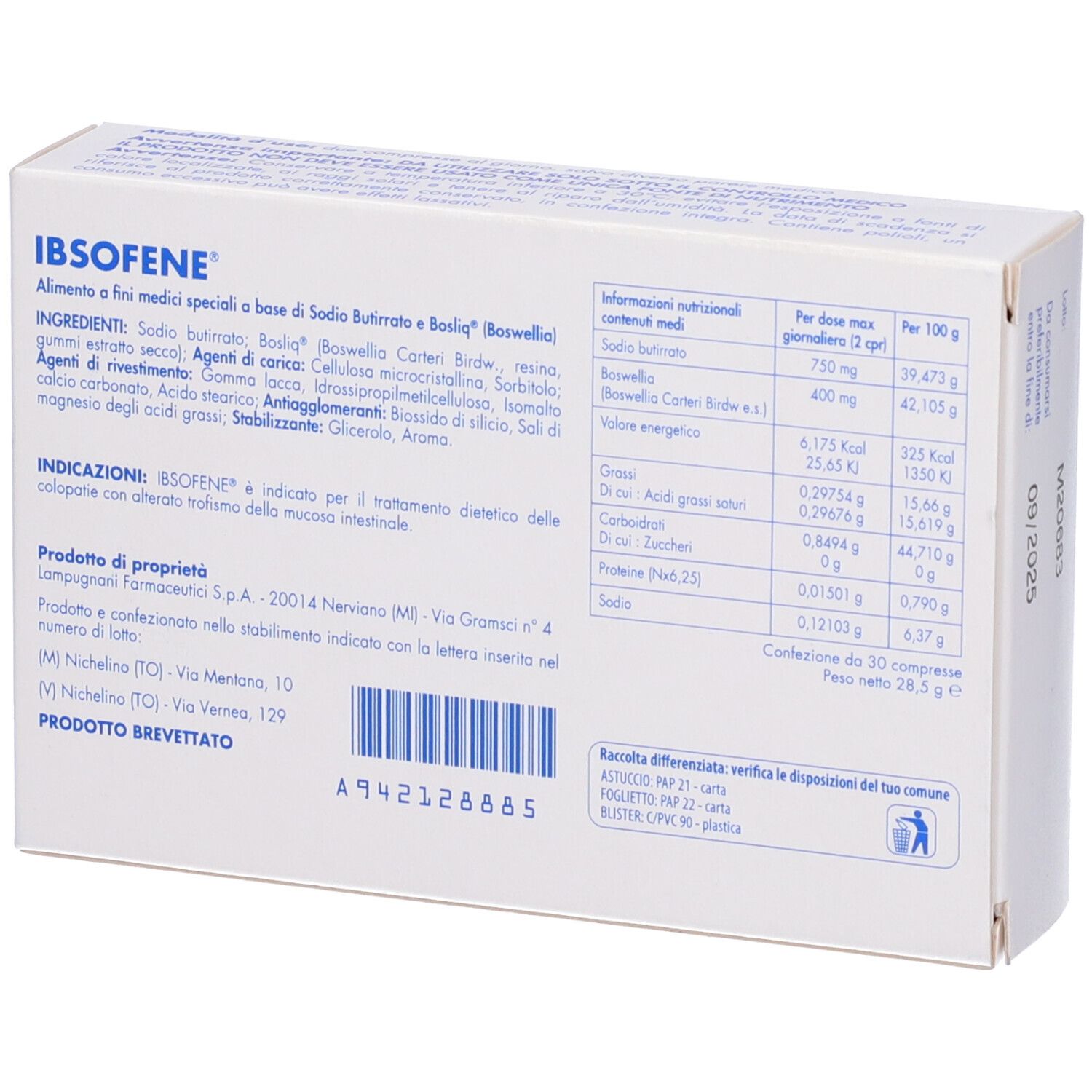 Retro di una scatola bianca. Scritta IBSOFENE. Ingredienti, informazioni nutrizionali, informazioni produttore.